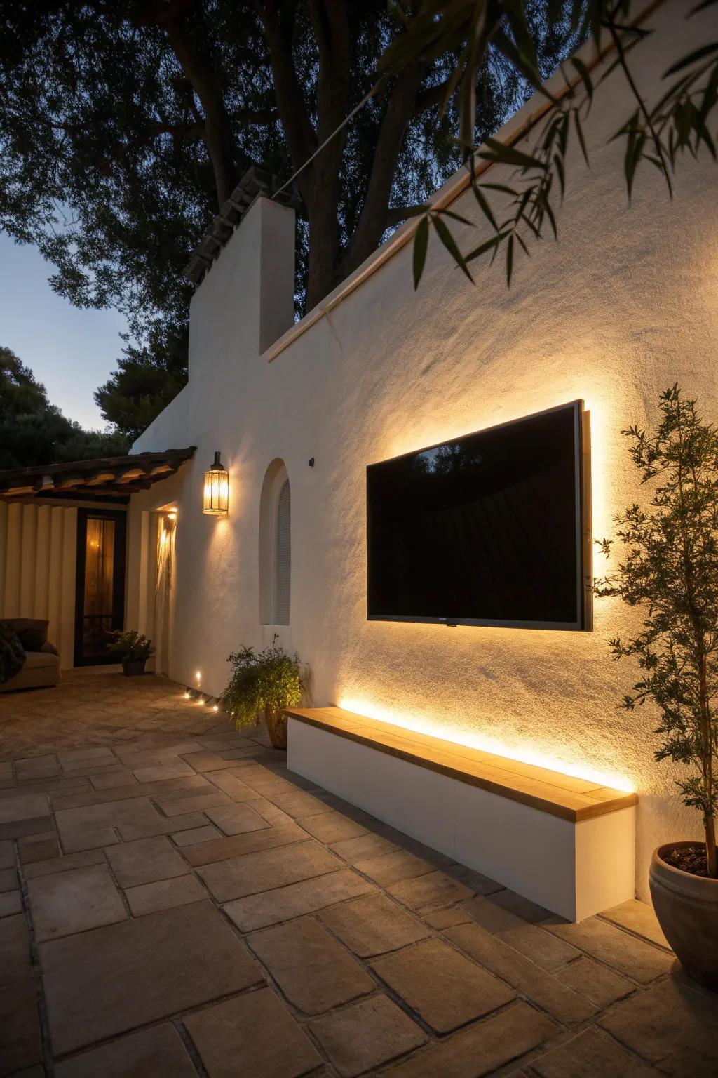 Warm halo backlighting turns a tiny patio TV wall into a cozy outdoor cinema after dark.