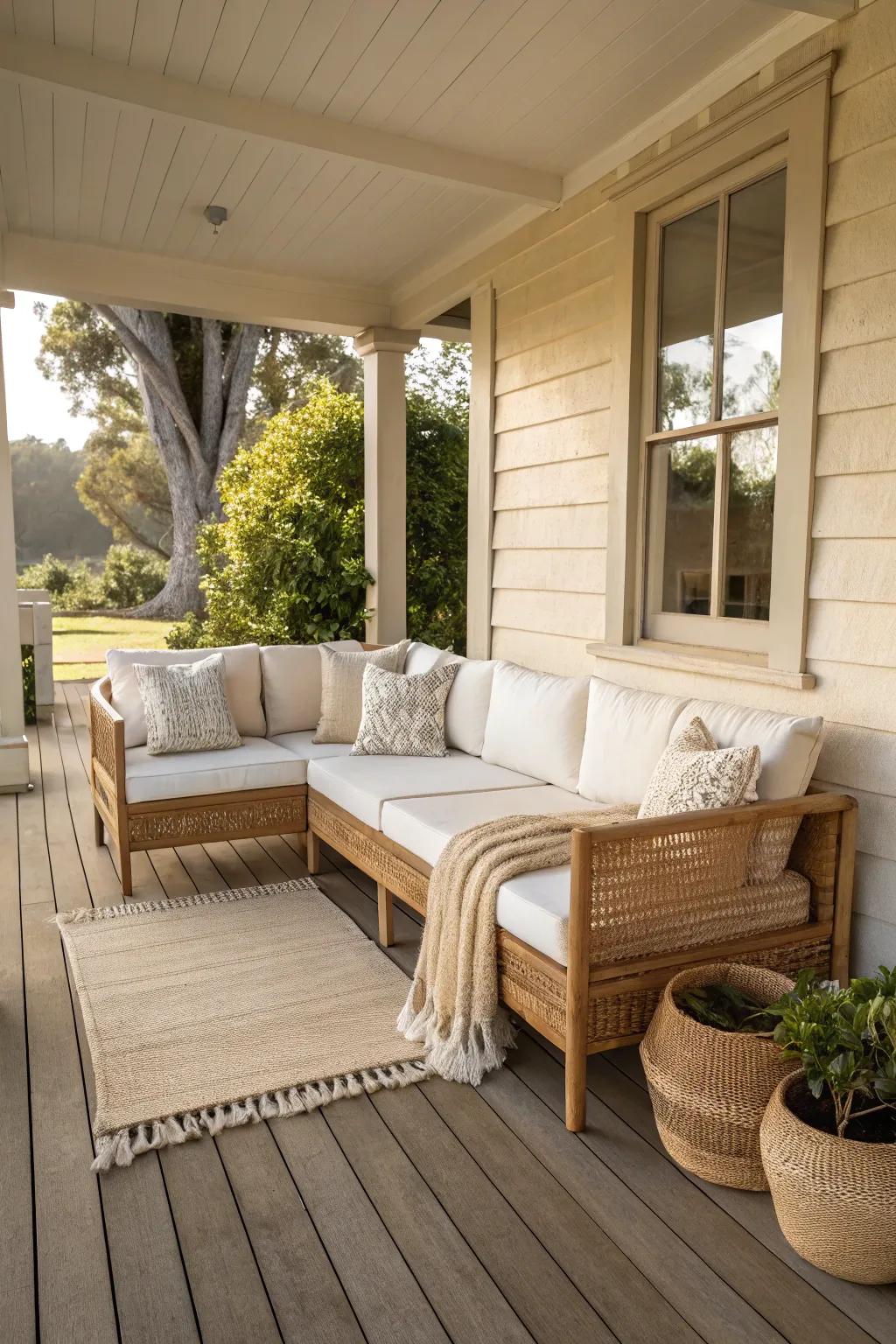 Cozy corner set that turns a narrow porch into a calm, inviting conversation nook.