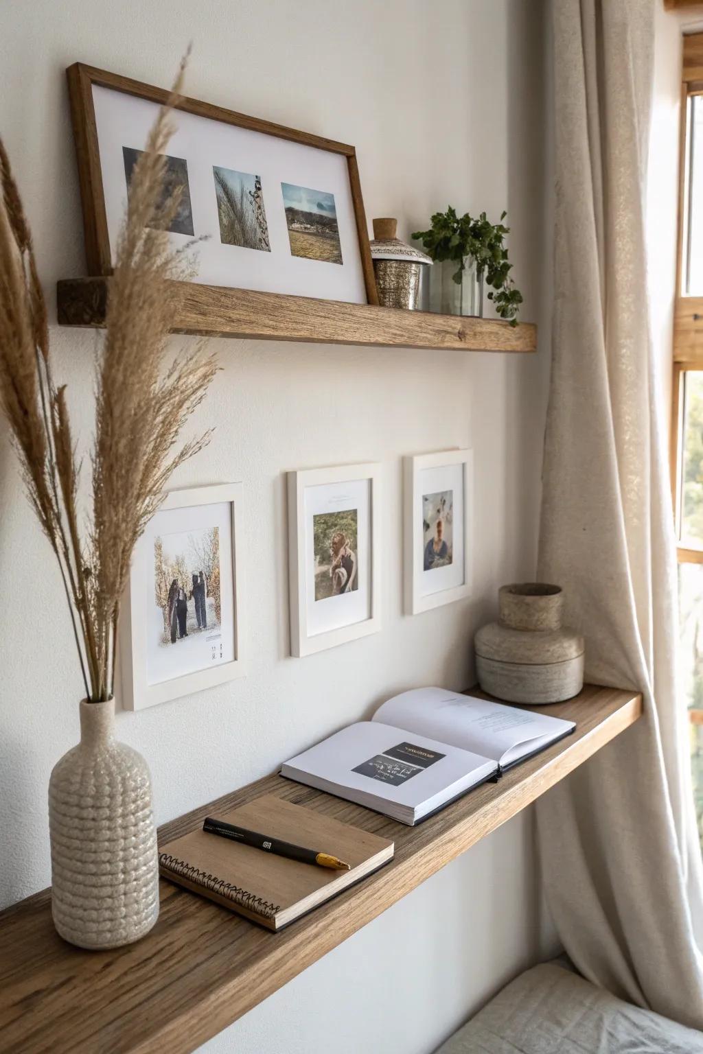 A simple family photo prayer wall—minimal frames, warm wood, and space to breathe.