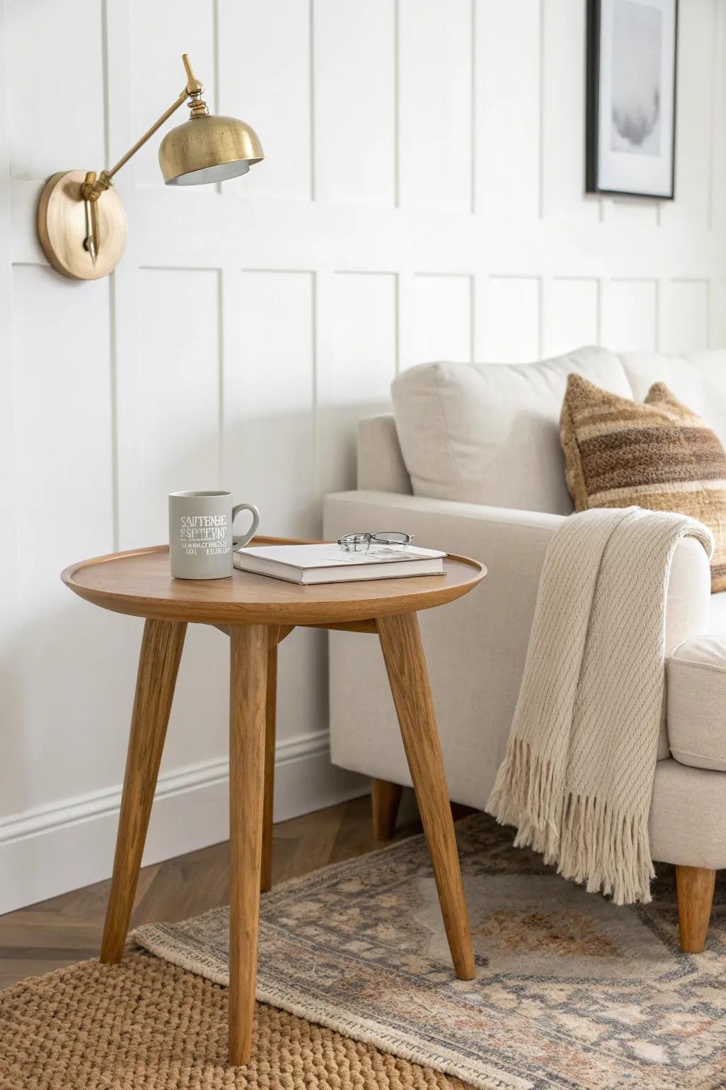 Slim side table + wall sconce: more surface space and zero clutter in a small ranch living room.