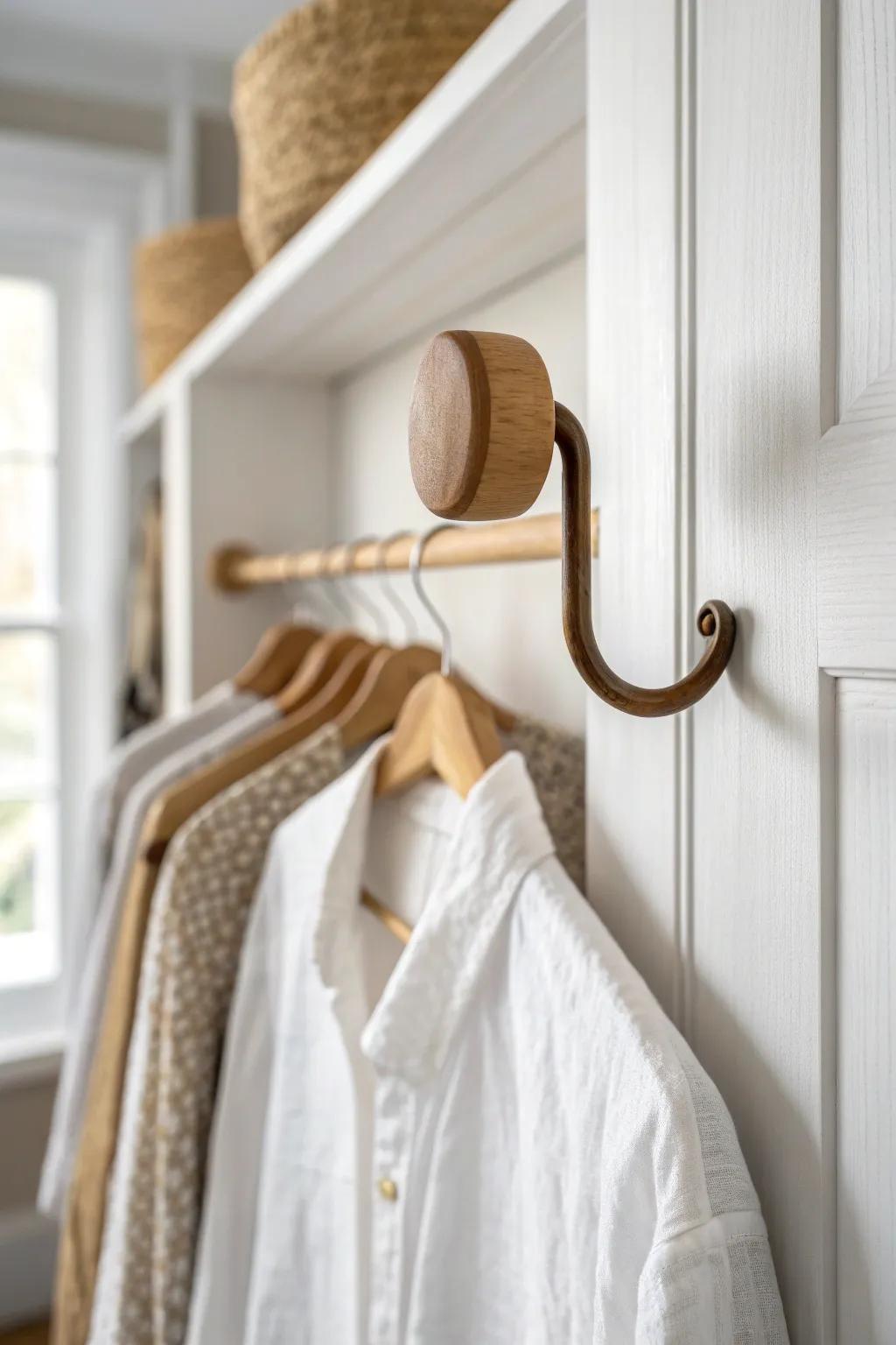 Side-wall hooks keep bags and “in-between” outfits off the chair—simple and chic.