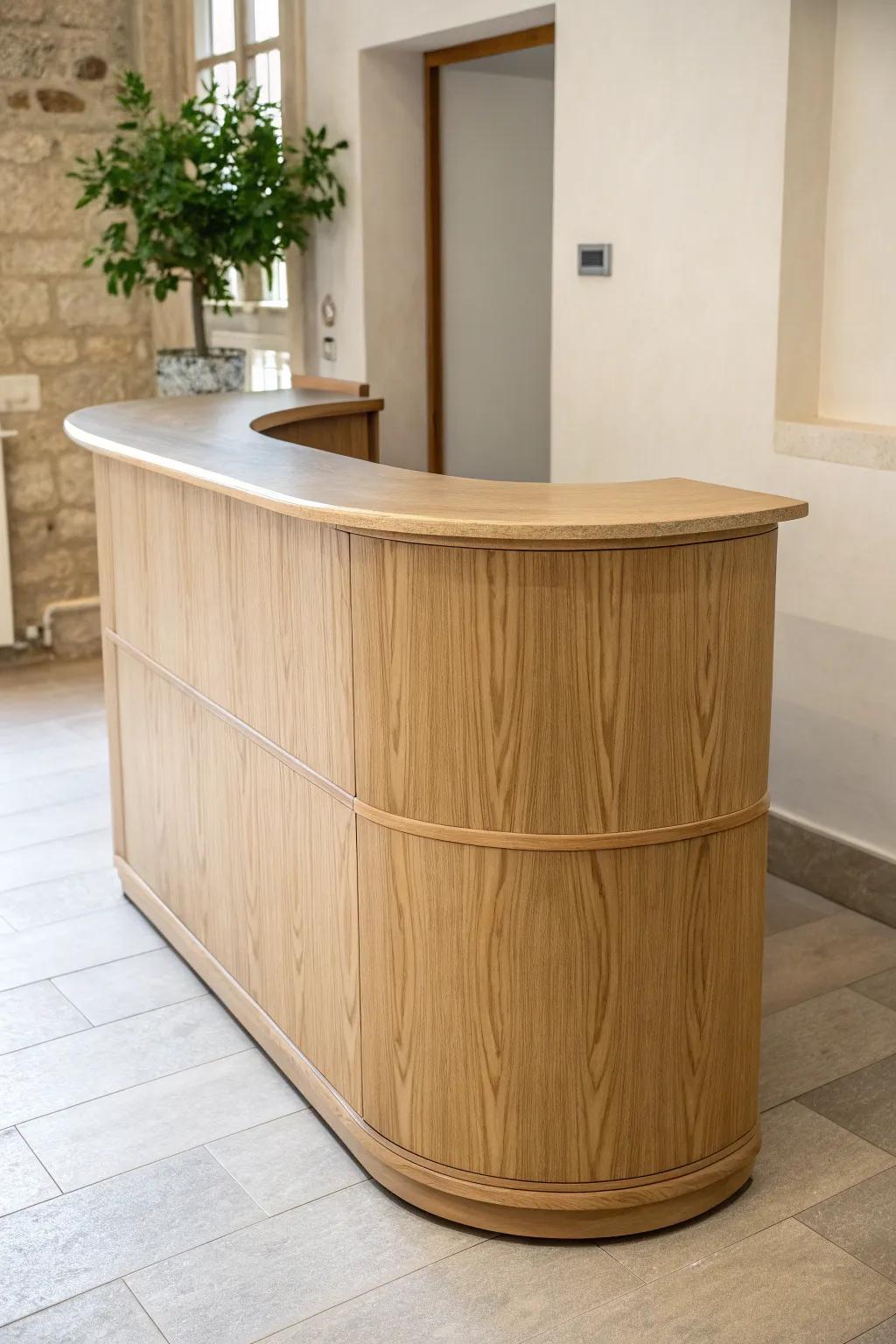 Curved-front mini reception desk: soft edges that save space and keep traffic flowing.