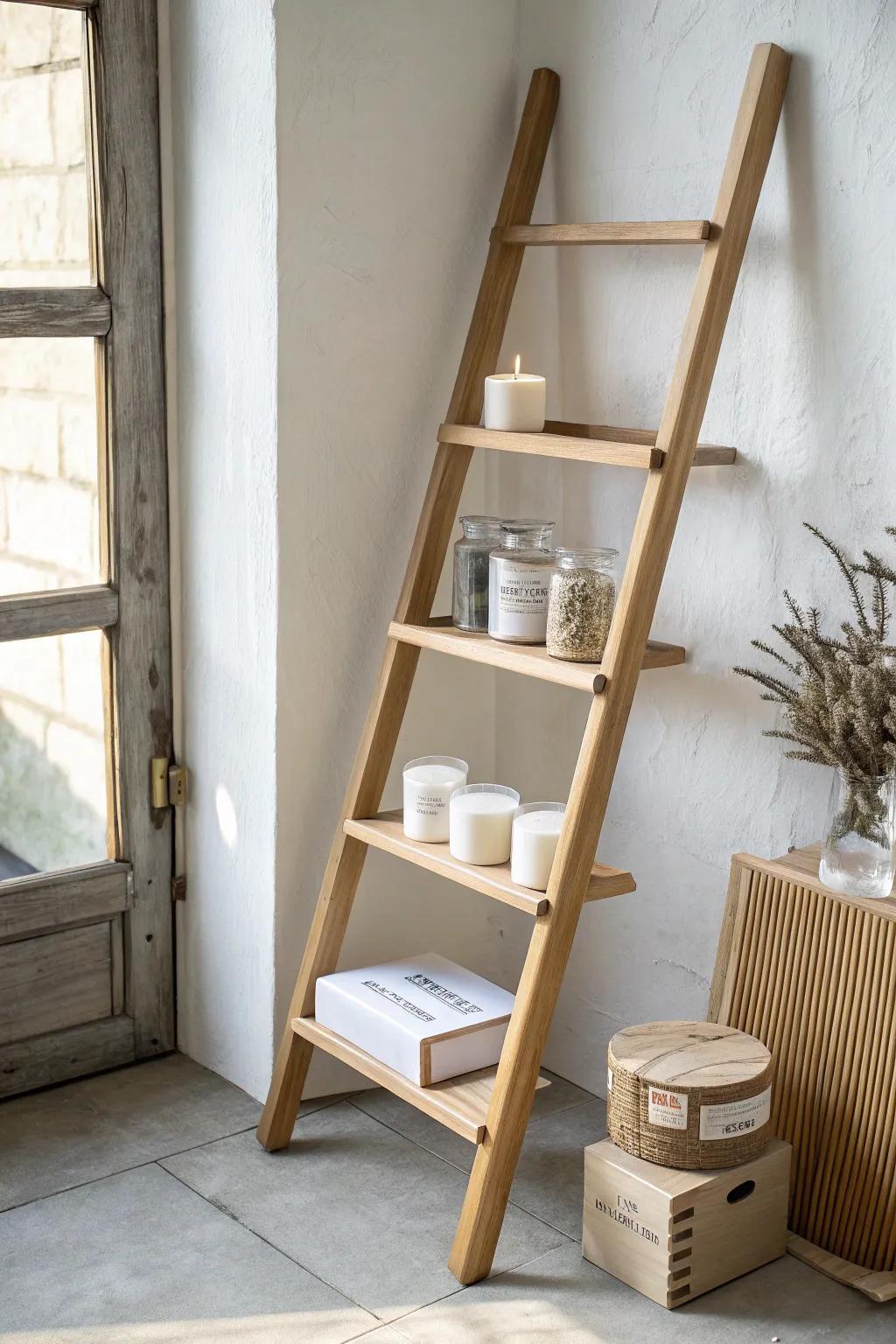 Light oak ladder shelves add vertical display without construction—airy, minimal, and boutique-ready.