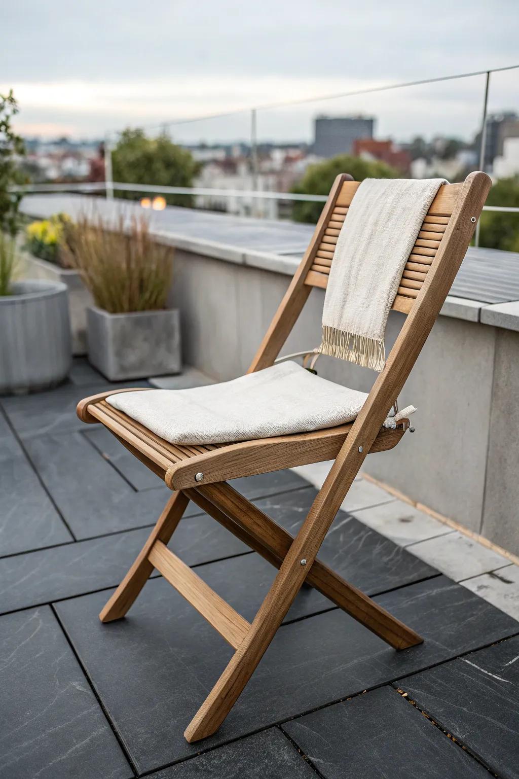 One foldable chair = extra rooftop seating on demand, then tuck it away for open, airy space.