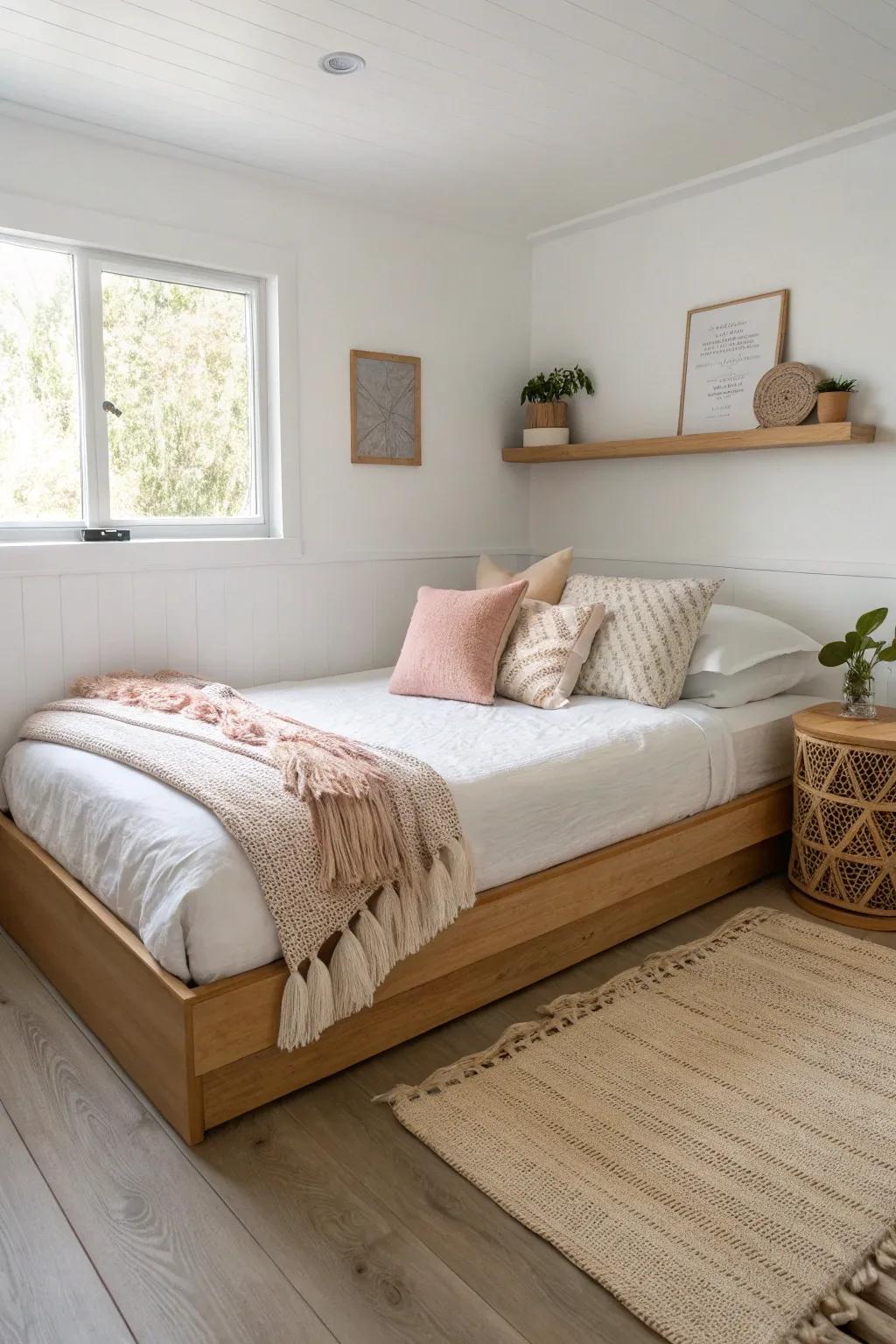 Two twins in an L-shaped corner layout—shared room made spacious, cozy, and clearly divided.