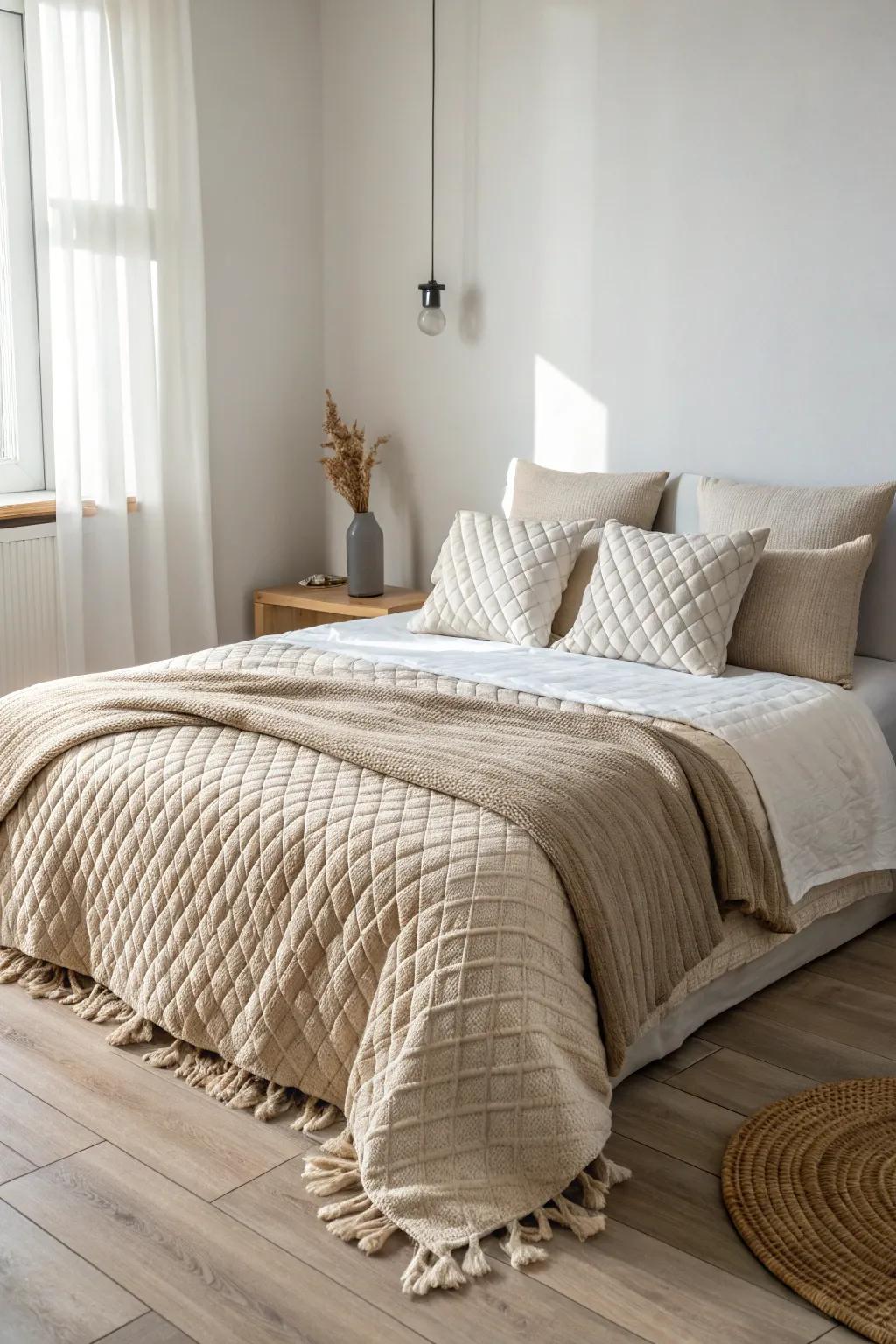 Monochrome, textured bedding keeps a small guy’s room polished—no clutter, just calm.