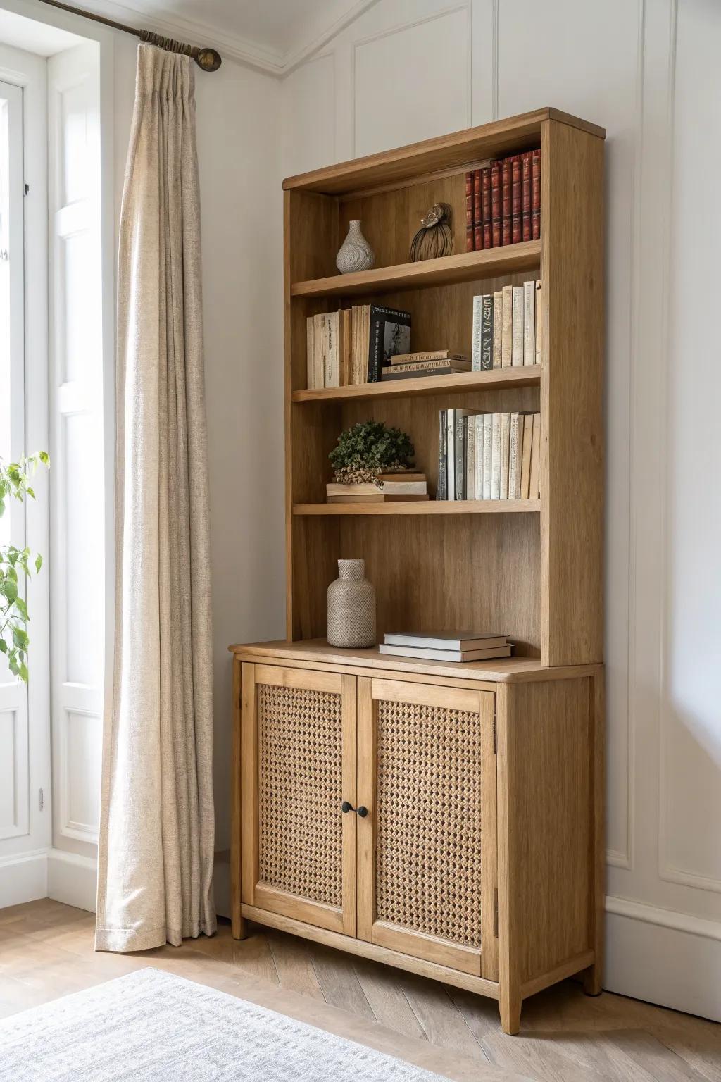 Closed cabinets under slim shelves keep tiny libraries calm—clutter hidden, books in focus.