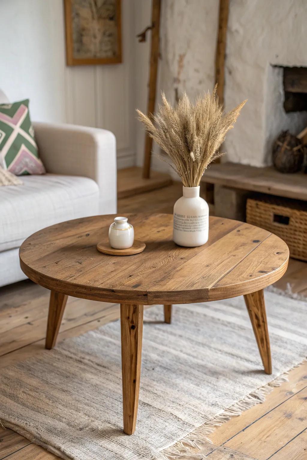 A round rustic coffee table softens rough wood tones and keeps narrow walkways feeling open.