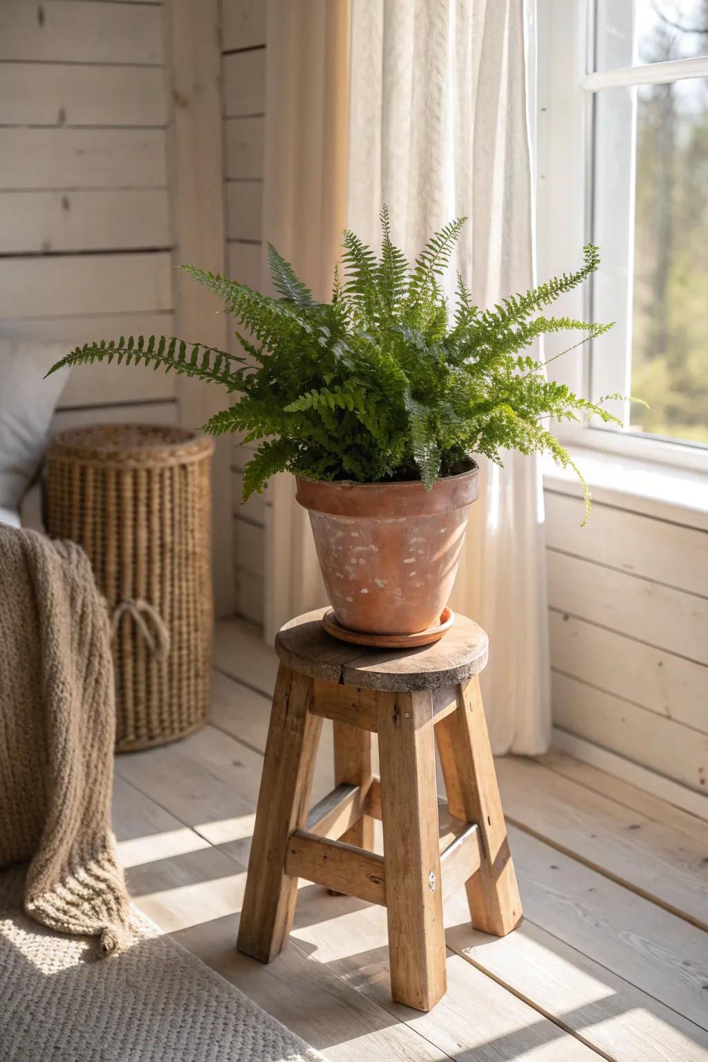 A single potted fern brings woodsy life to a tiny rustic sunroom—simple, cozy, bright.