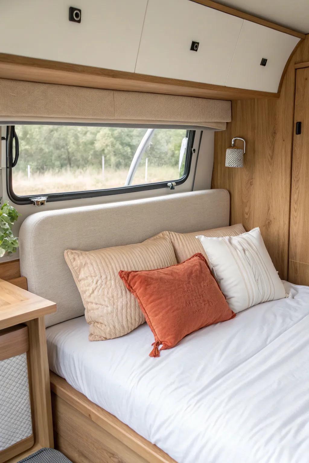 A tiny headboard accent instantly makes an RV bed feel finished, cozy, and intentional.