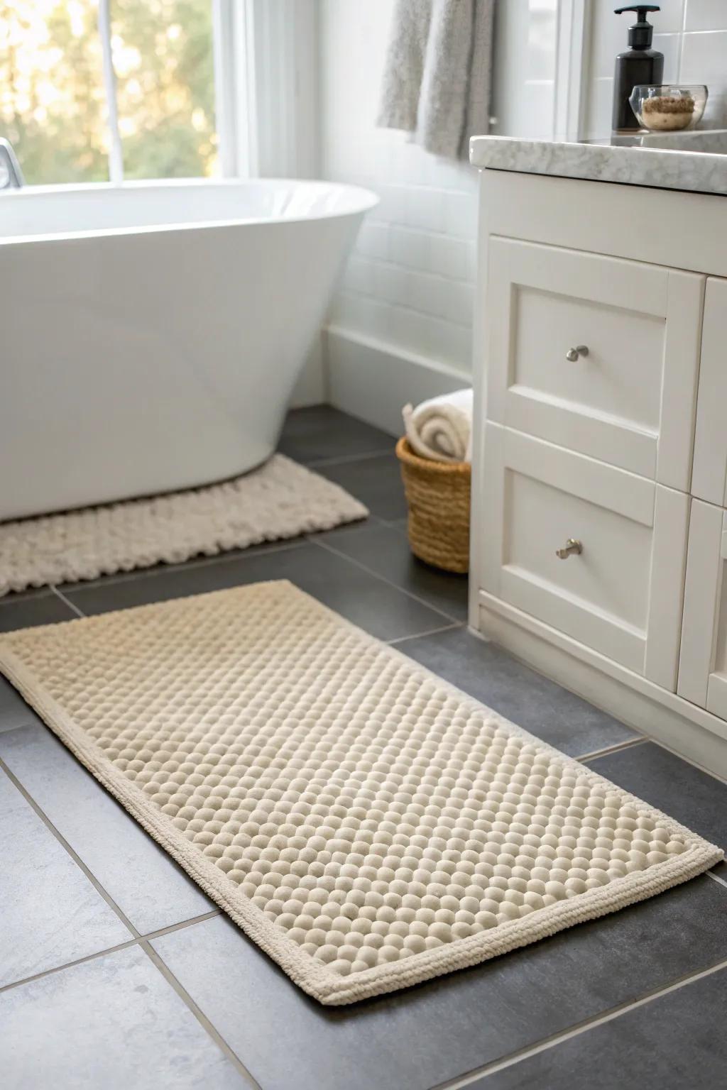 Light neutral waffle-weave texture adds cozy softness to a tiny Scandinavian bathroom—no clutter.