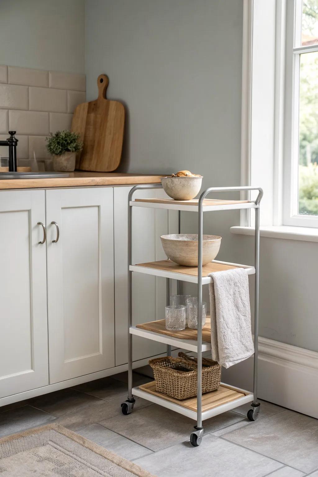 A skinny rolling cart adds prep space and tucks away neatly to keep the scullery walkway clear.