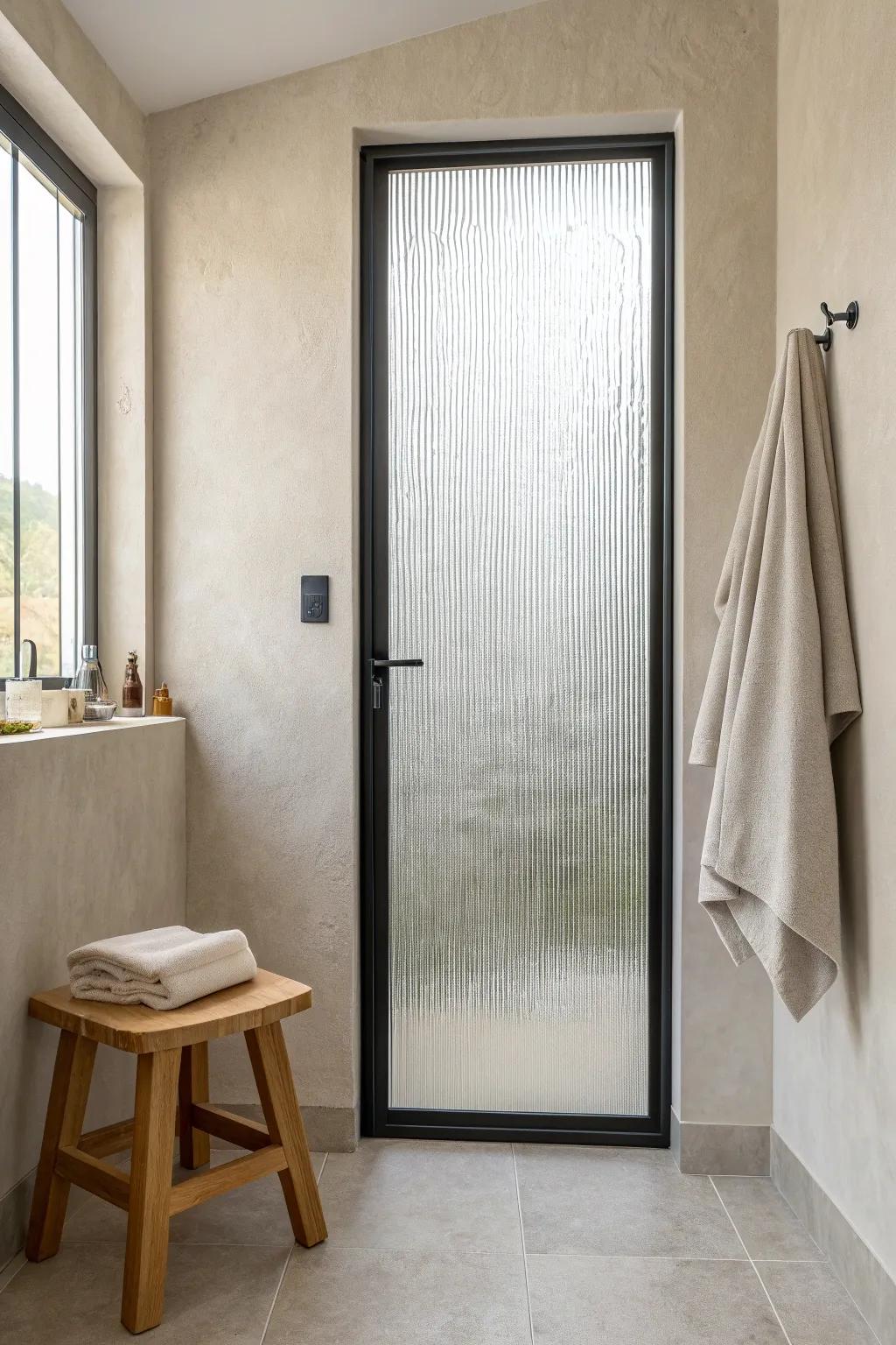 Reeded glass shower door: airy light, subtle privacy, and fewer visible water spots.