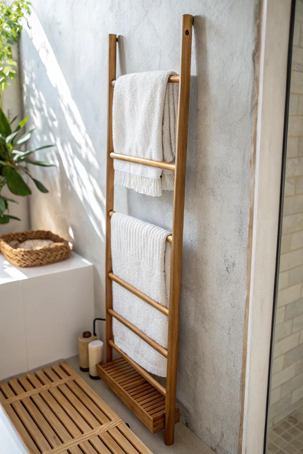 Go vertical: a slim towel rail keeps small shower rooms tidy, airy, and towels dry.