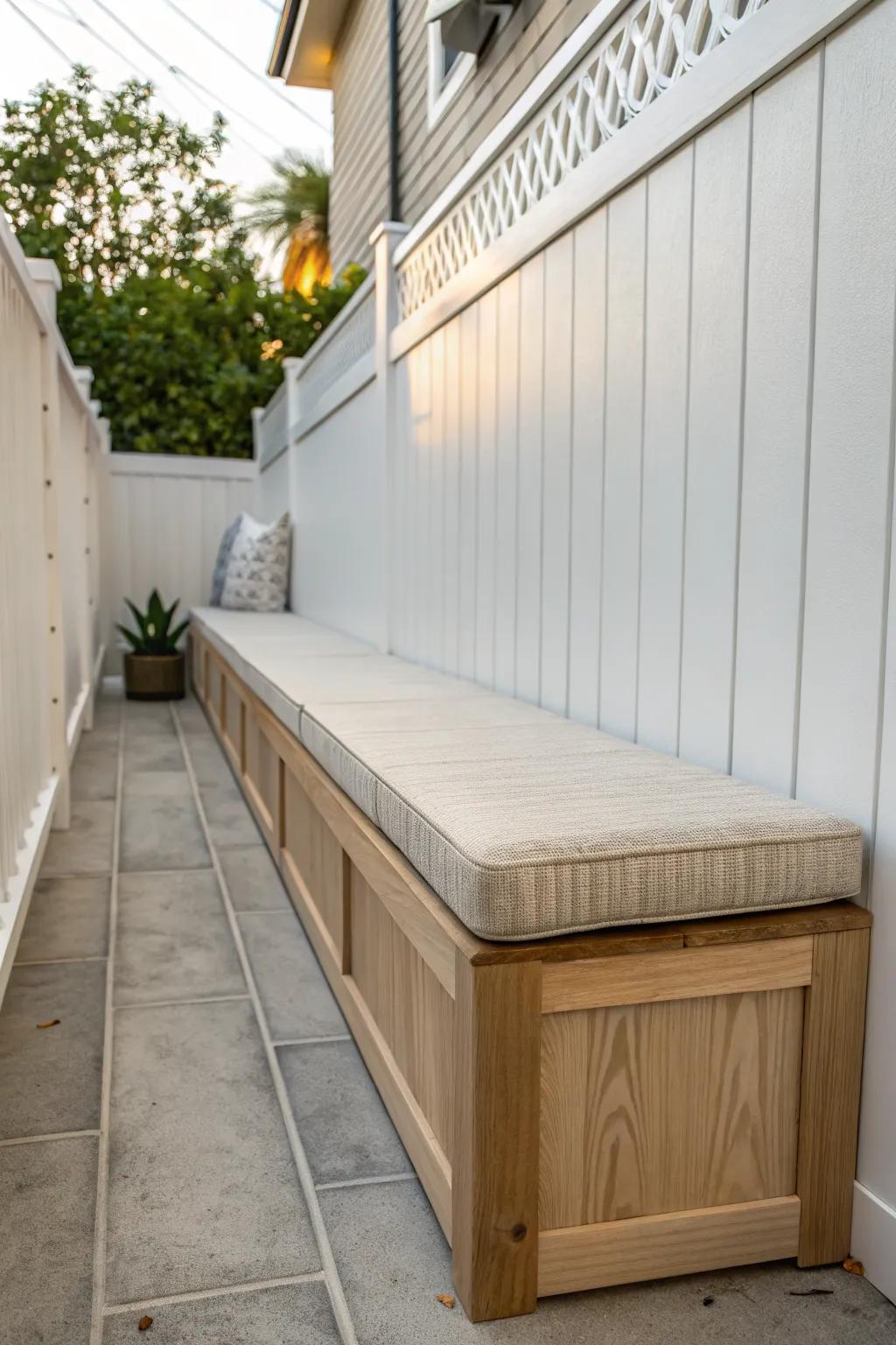 A space-saving built-in bench turns a skinny side yard into comfy seating without clutter.