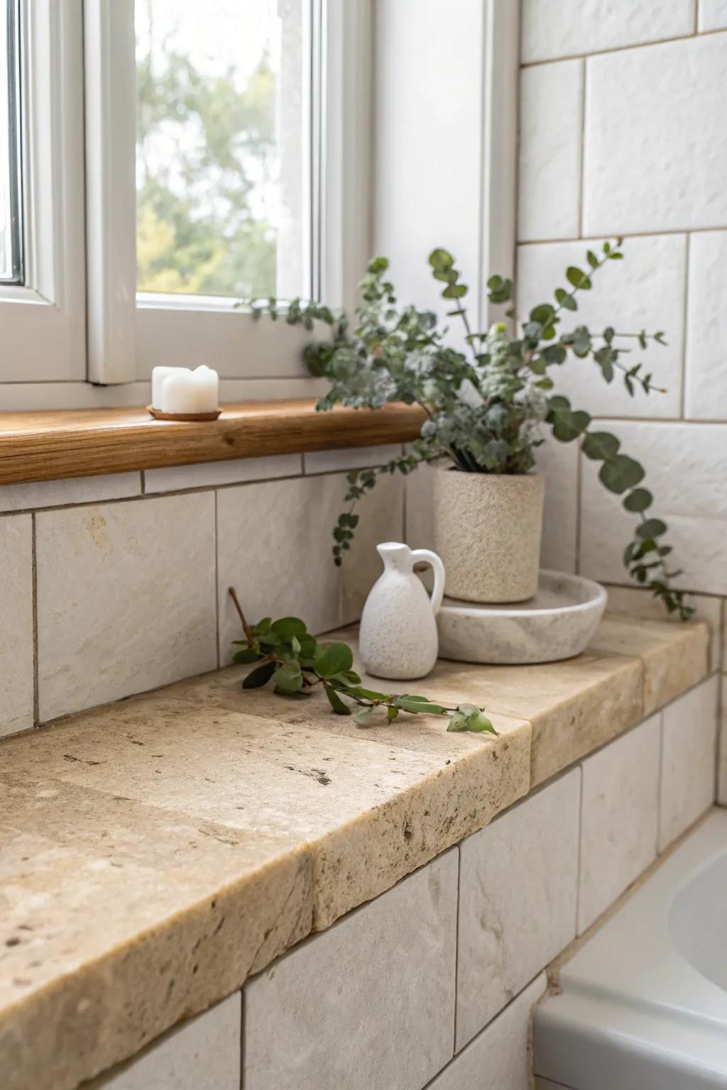 A stone window sill becomes a mini ledge—perfect for a plant and soap in a small bathroom.