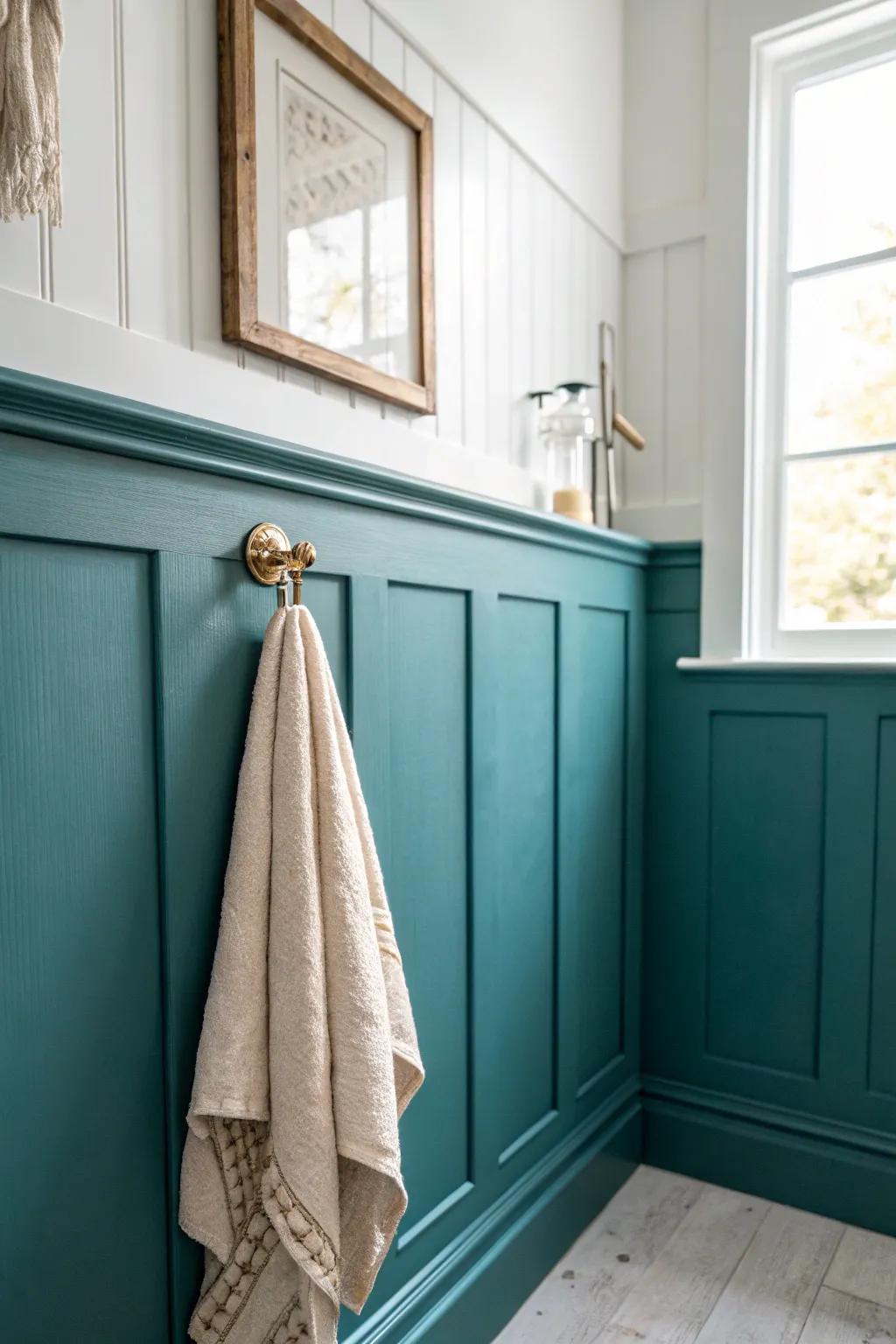 Teal wainscoting brings cozy depth; a single brass hook and linen towel keep it airy.