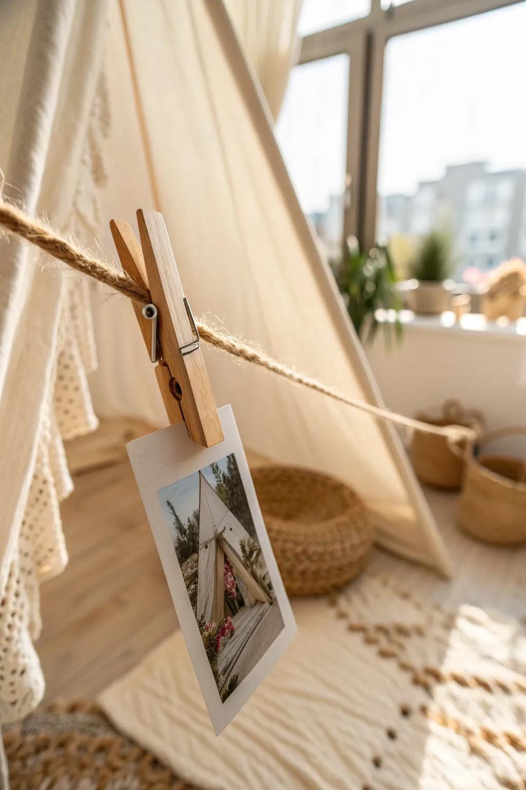 A single wooden clip makes tent walls feel personal—hang one photo for instant cozy charm.