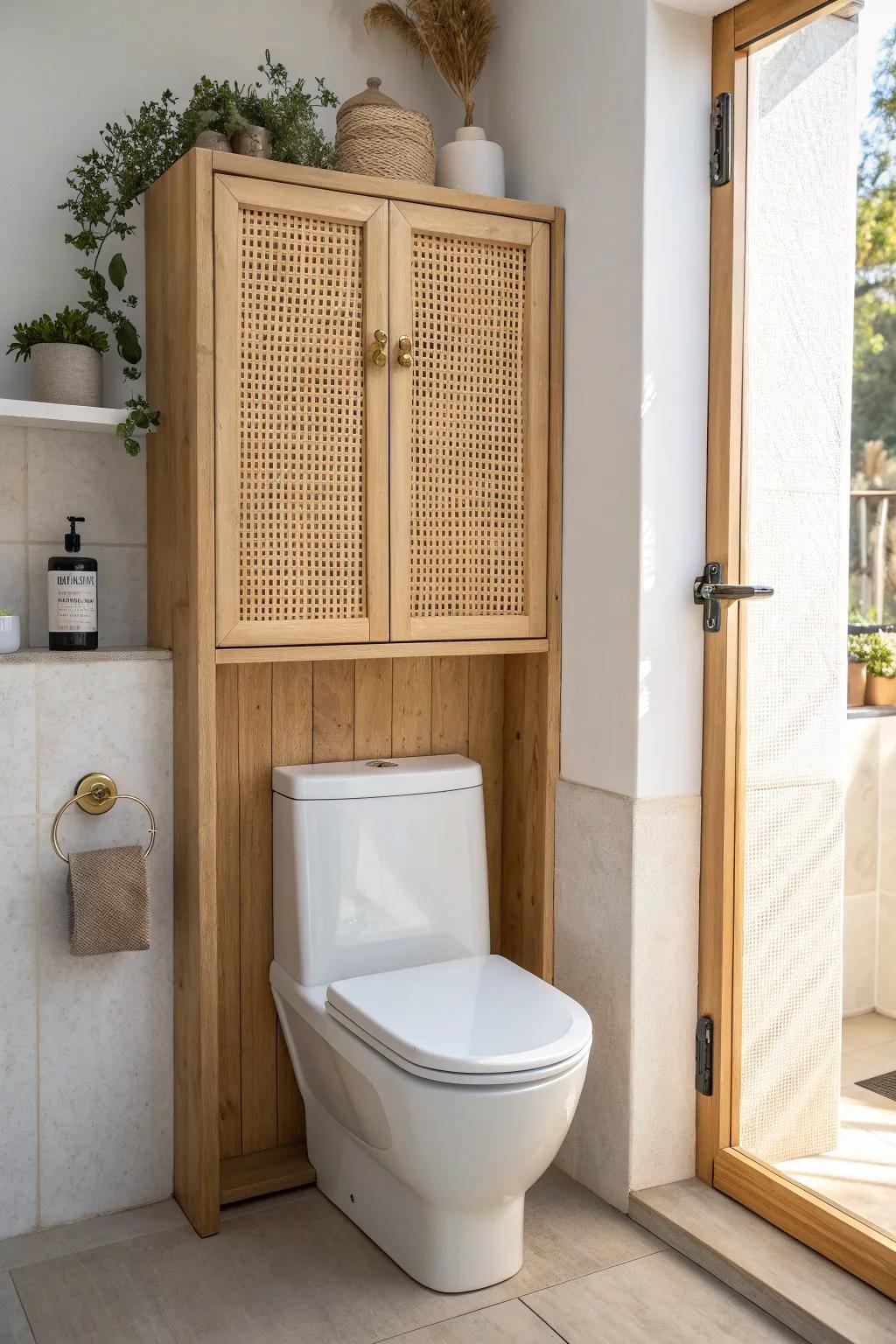 Turn dead space into storage with a slim over-the-toilet cabinet that keeps the bath looking tidy.