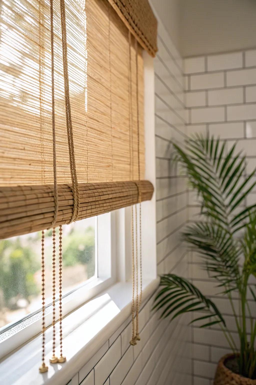 Bamboo-style shades add beachy privacy while keeping a tiny tropical bathroom bright.