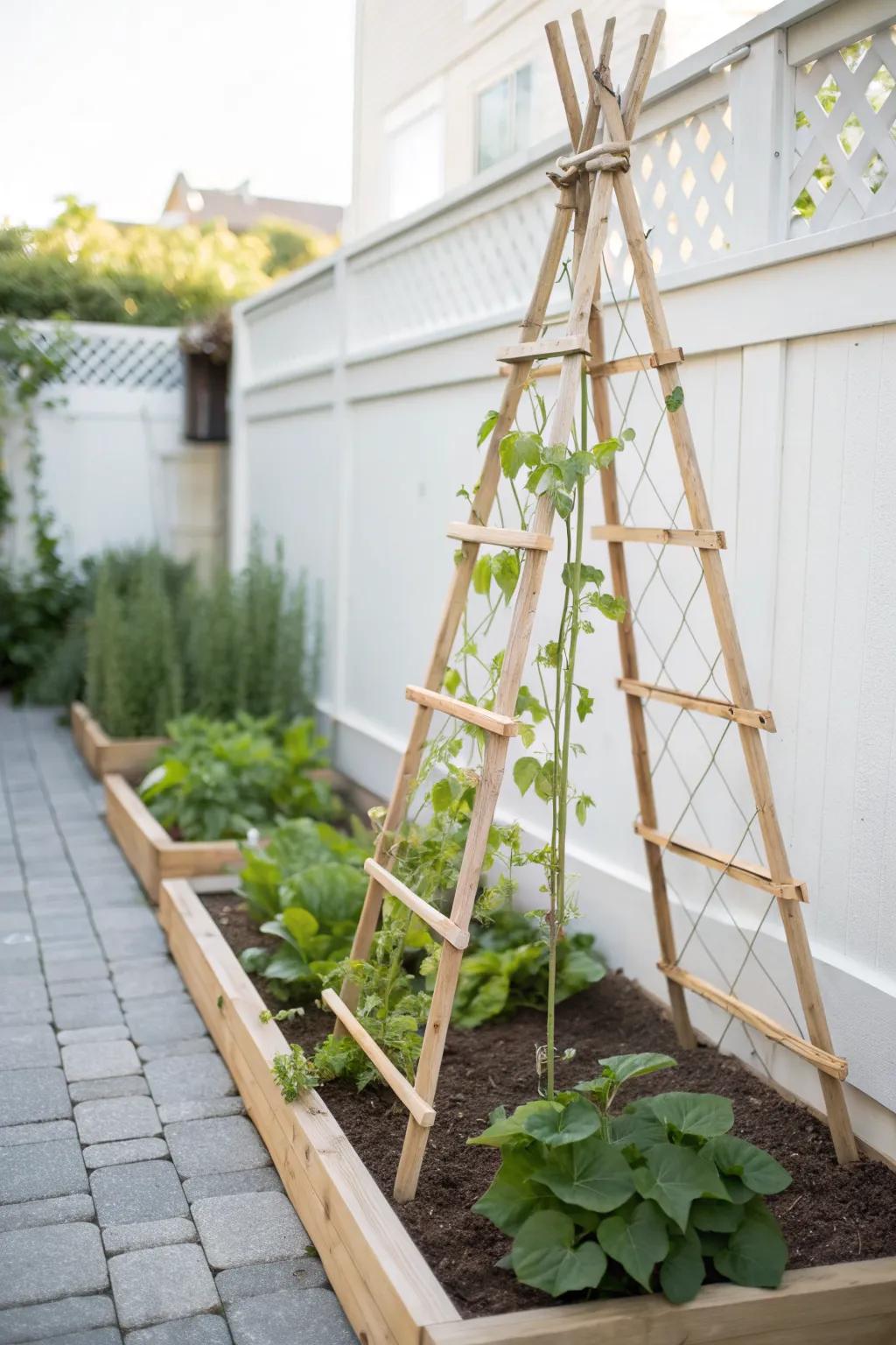 A-frame trellis creates a shaded mini lane—perfect for cucumbers overhead and greens below.