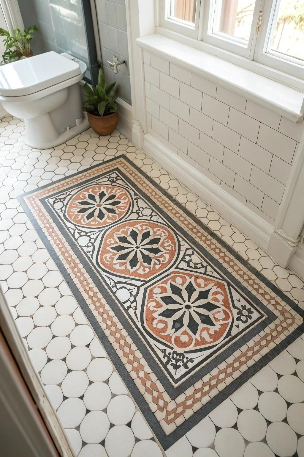 Victorian charm, minimalist calm—this patterned tile rug makes a tiny bathroom feel grand.