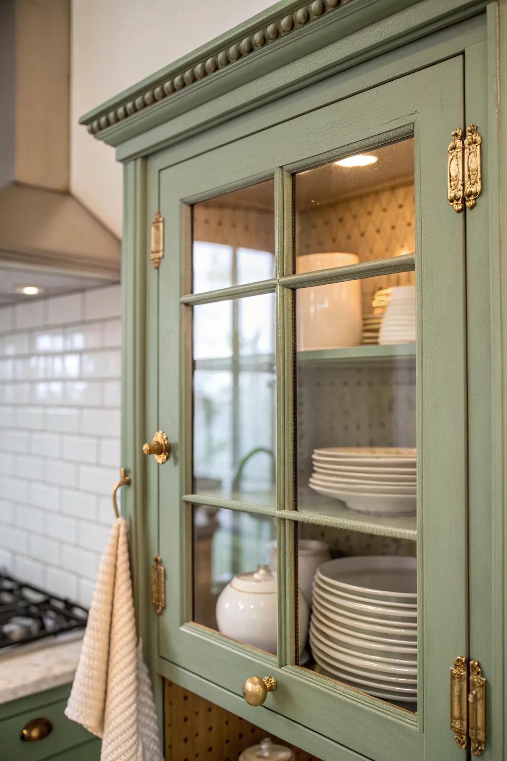 Glass-front uppers add airy depth—keep shelves curated so a tiny Victorian kitchen feels open.