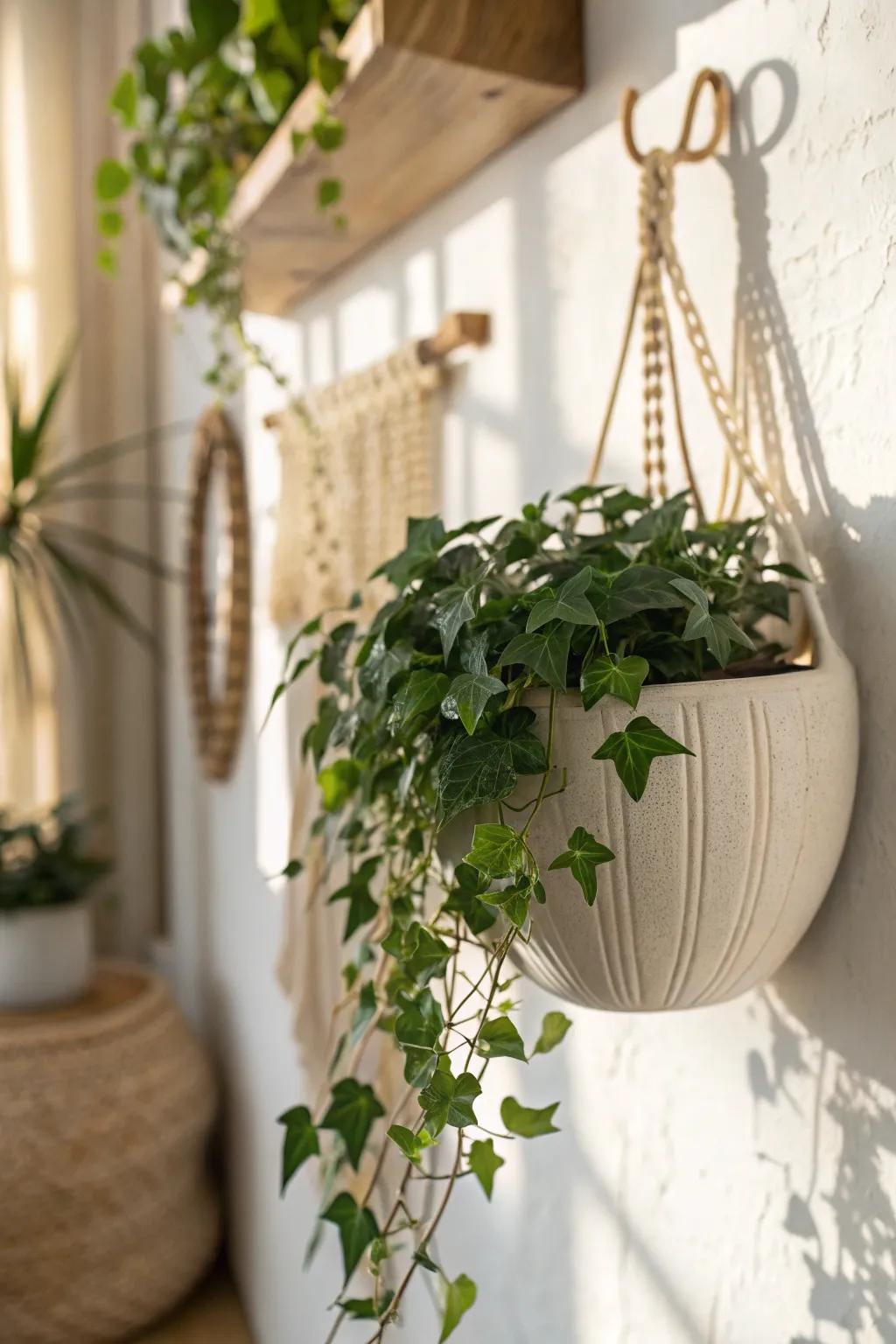 A single wall planter + cascading greenery: the easiest vertical decor for tiny rooms.
