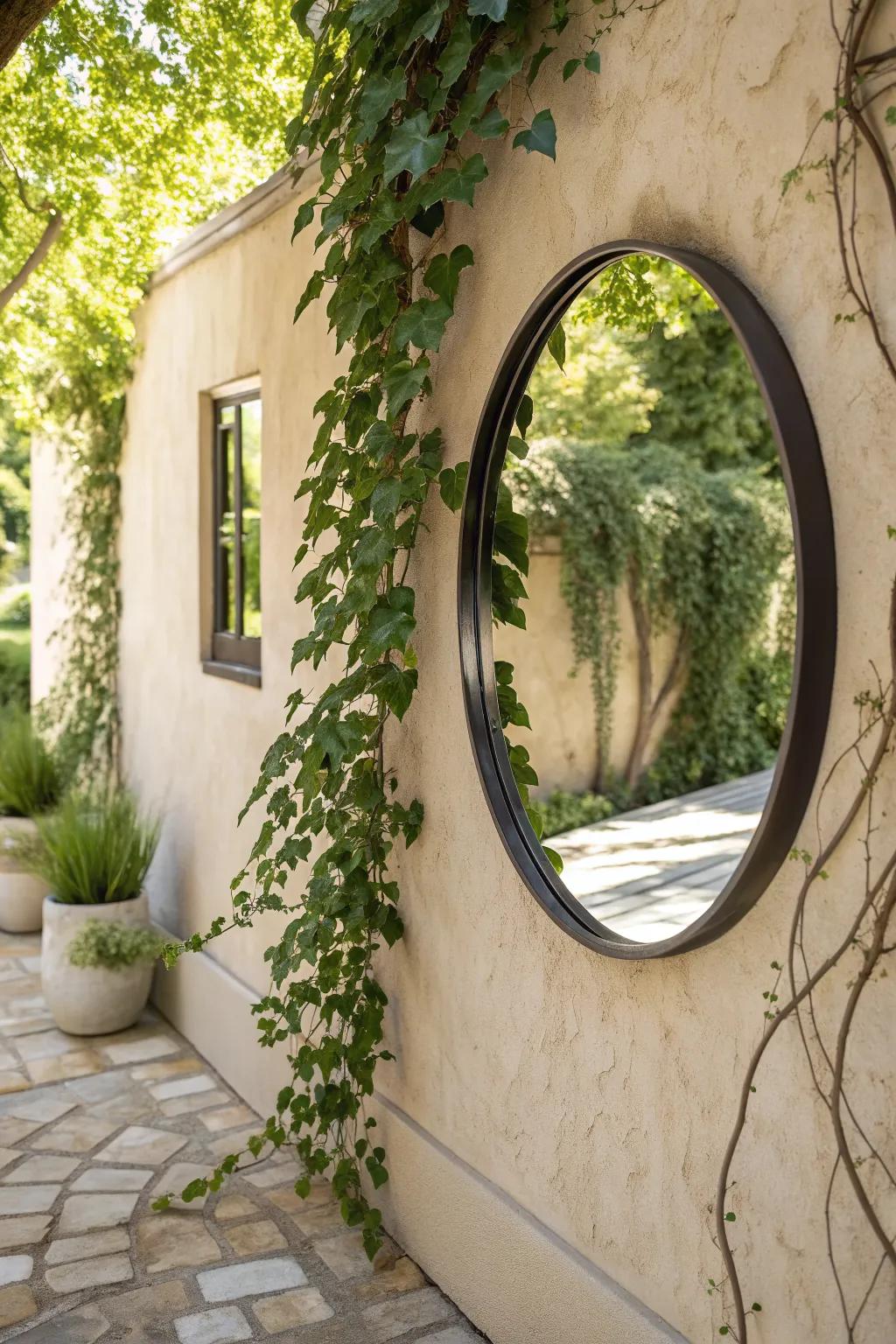 A simple wall mirror instantly doubles greenery and makes a tiny walled garden feel bigger.