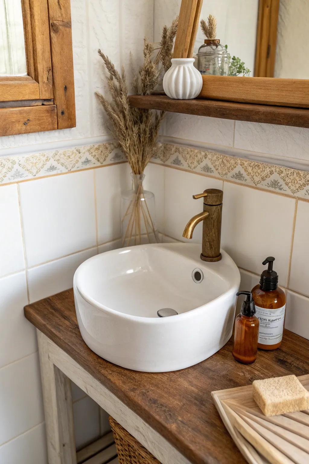 Corner sink + rustic wood shelf: western charm that frees up floor space in a tiny bath.