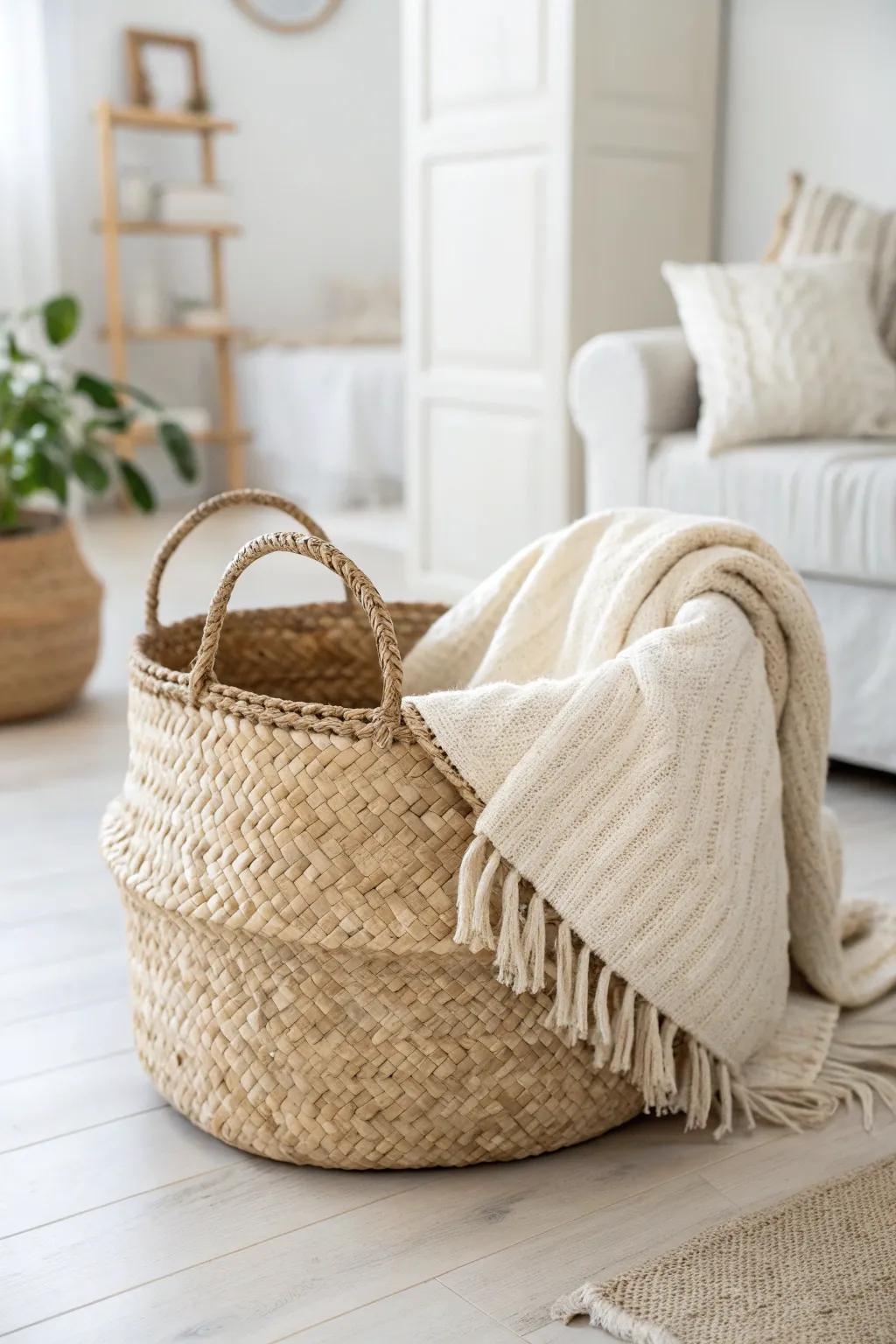 A woven basket keeps a small white living room serene—soft storage that still feels styled.