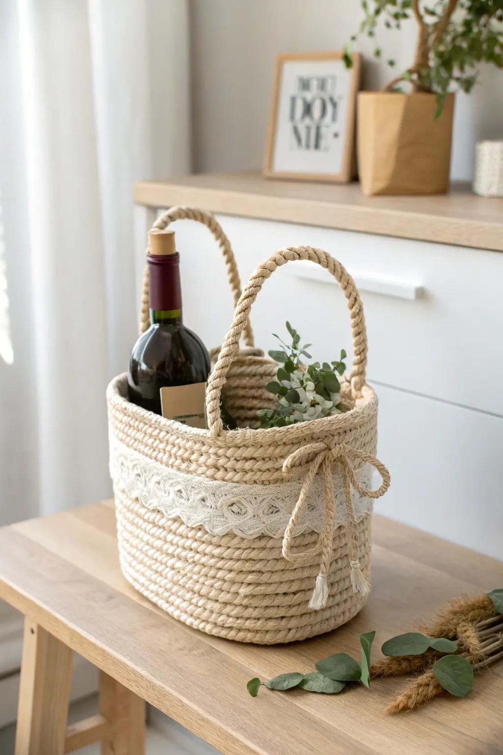 A rope wine basket that gifts beautifully, then becomes chic storage for keys or bathroom extras.