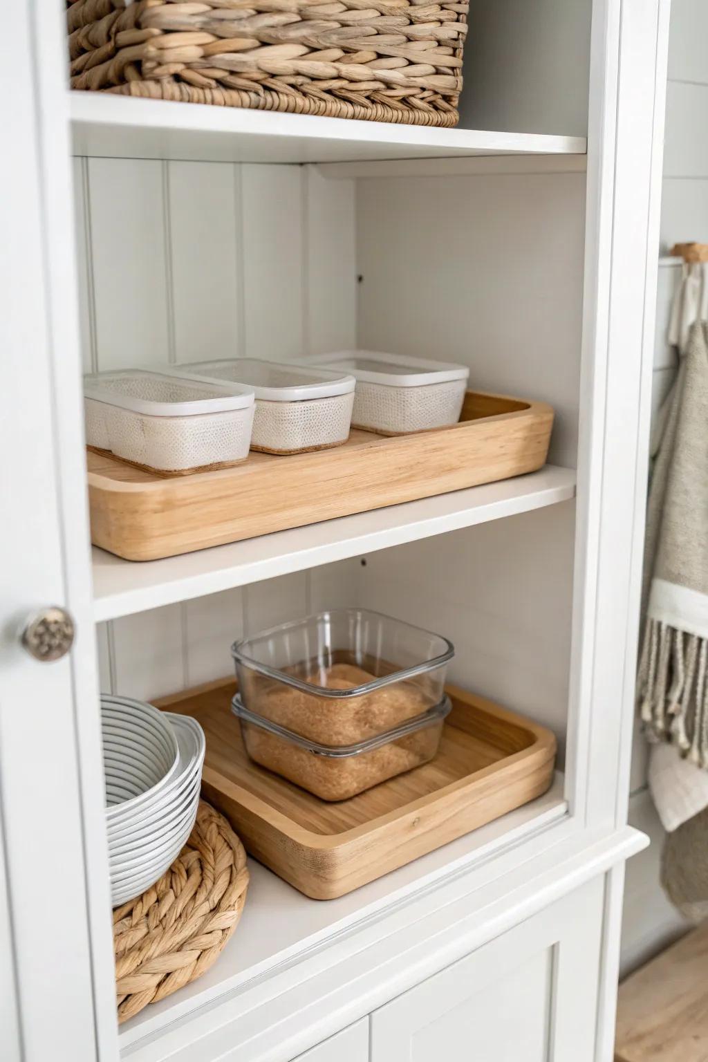 Double your snack shelf space with a simple riser—two tidy levels, zero extra cabinets.