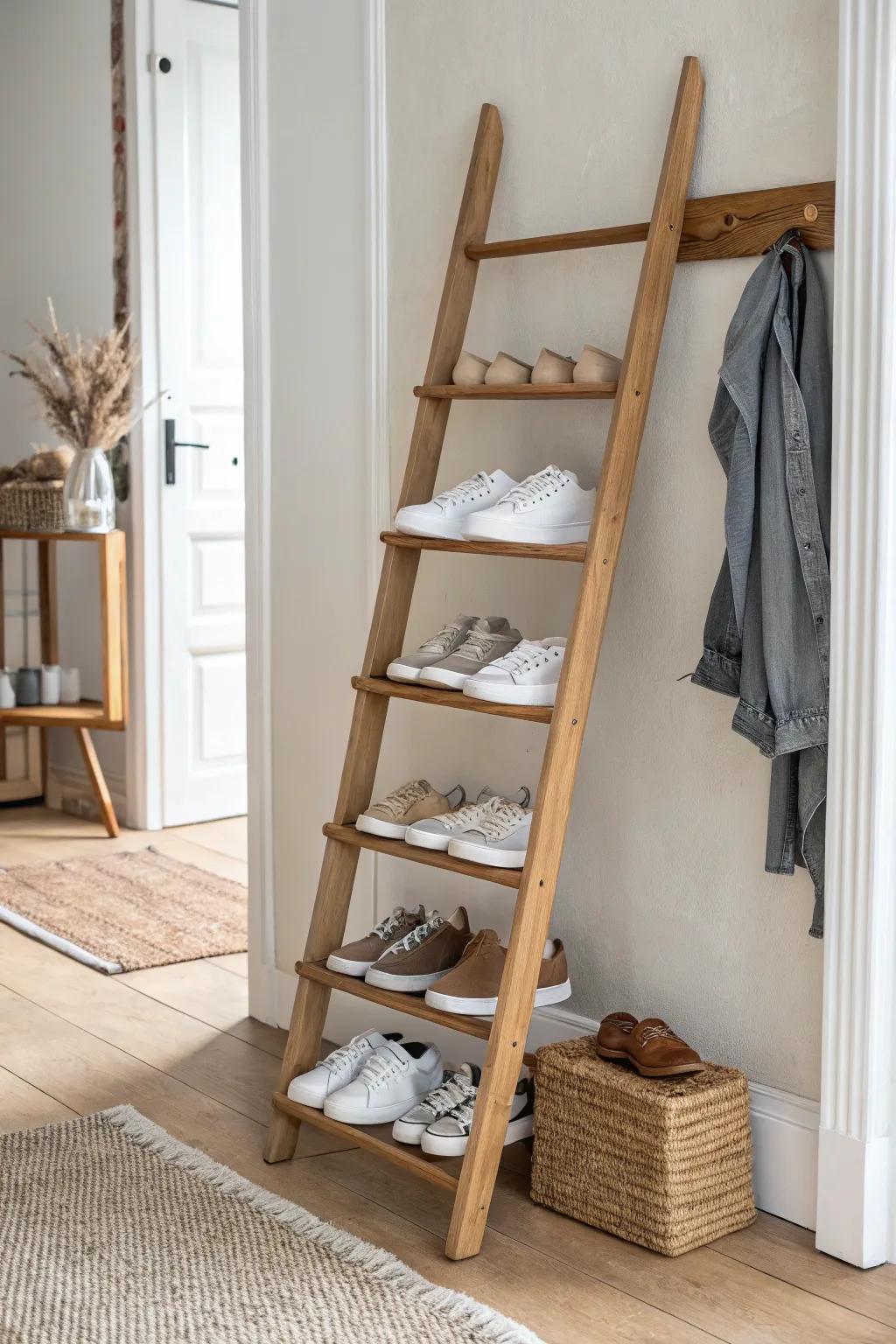 A corner ladder rack turns vertical space into an airy, minimalist sneaker home.