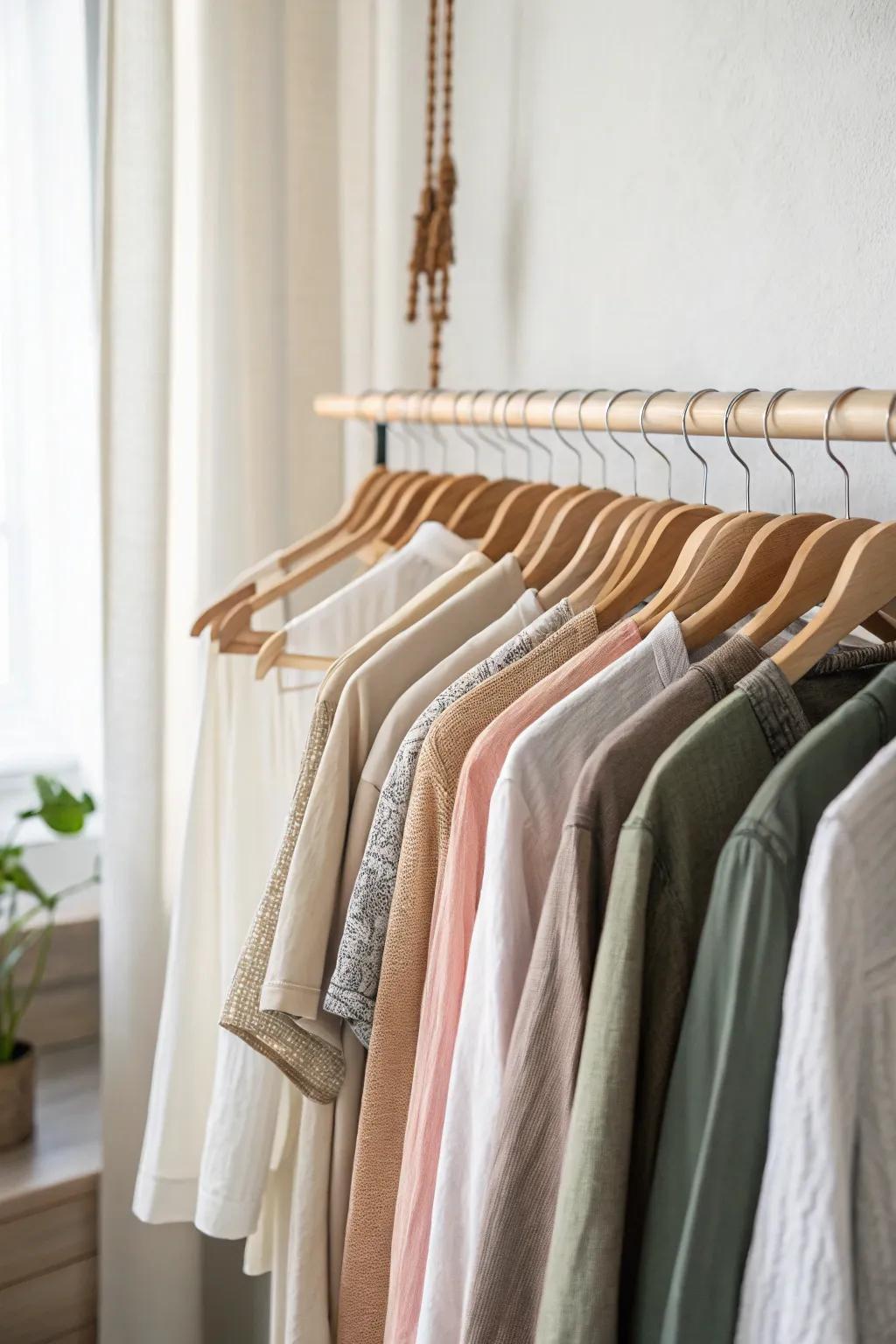 Color-sort your hangers from light to dark for an instant boutique feel in a small closet.
