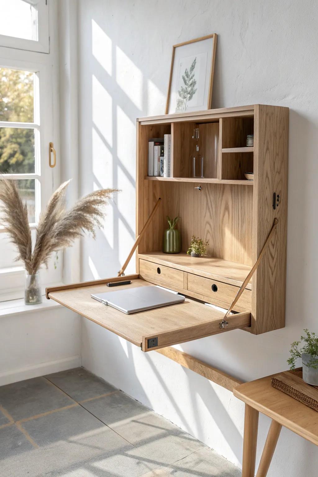 A fold-down wall desk that disappears when closed—instant tidy room and zero floor sacrifice.