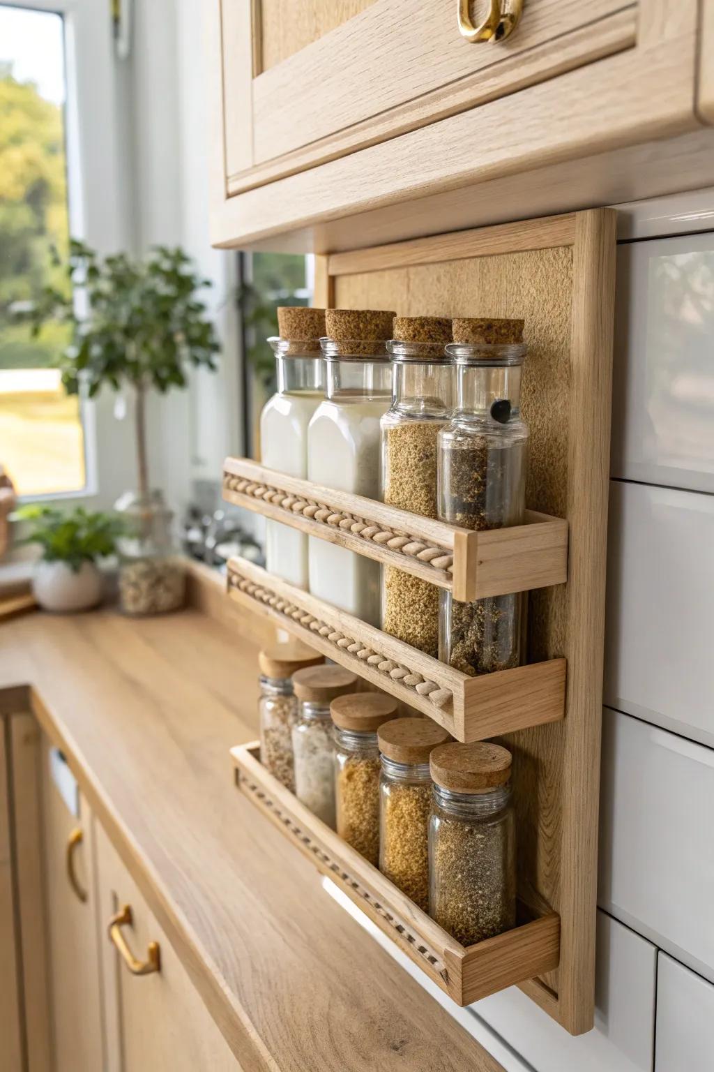 A slim side-mounted spice rack keeps small kitchens tidy—beautiful, renter-friendly storage.