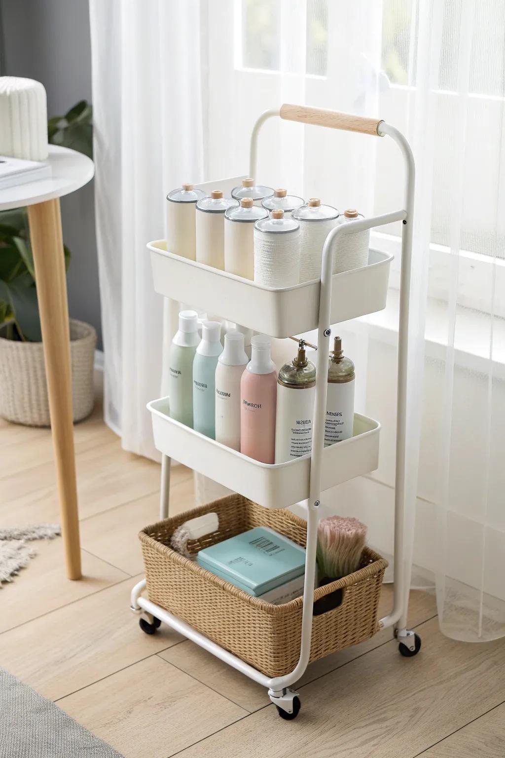 A sleek rolling cart keeps spray paints tidy and rolls to the window for easy ventilation.