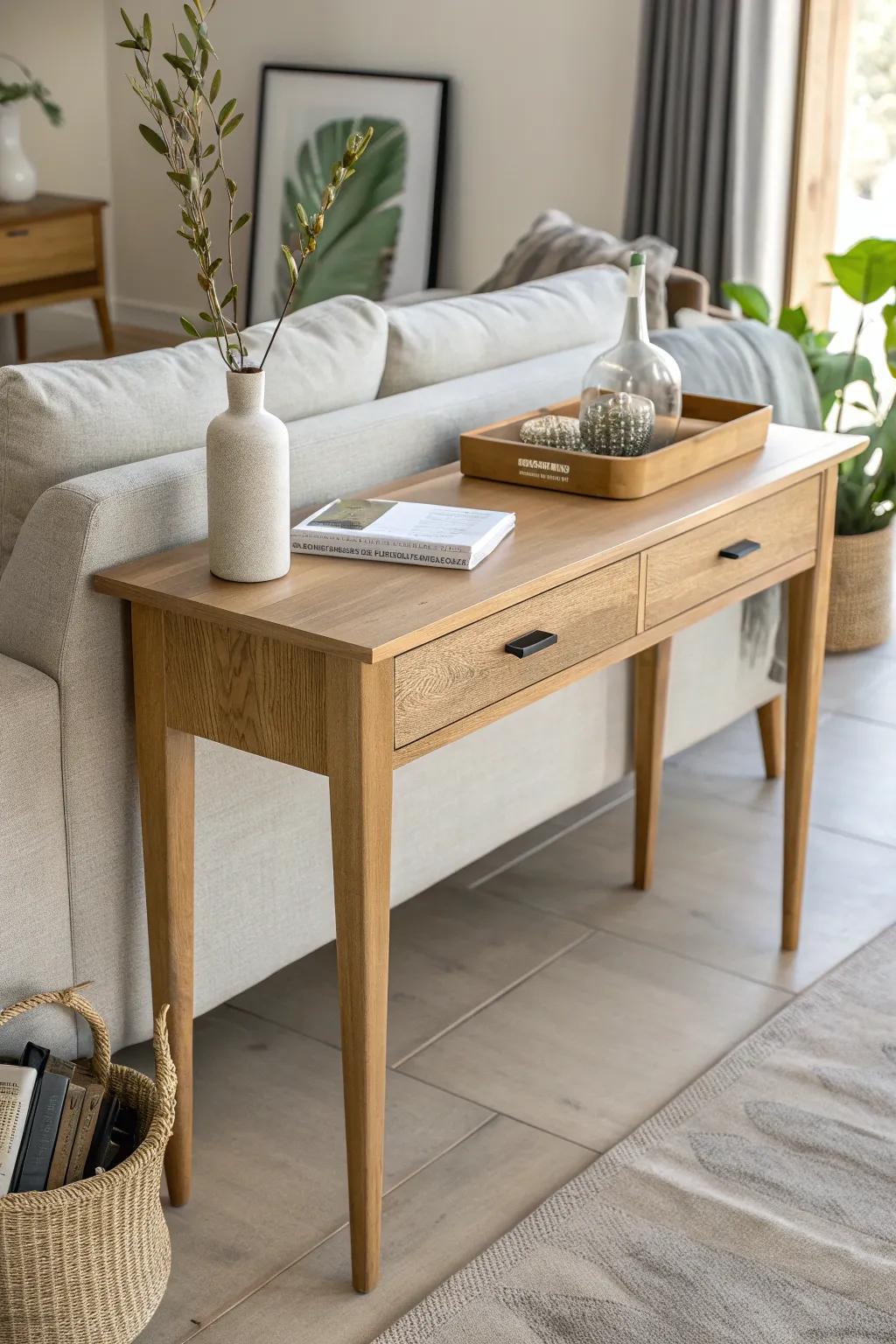 A slim console behind a floating sofa creates an effortless entry line + drop-zone storage.