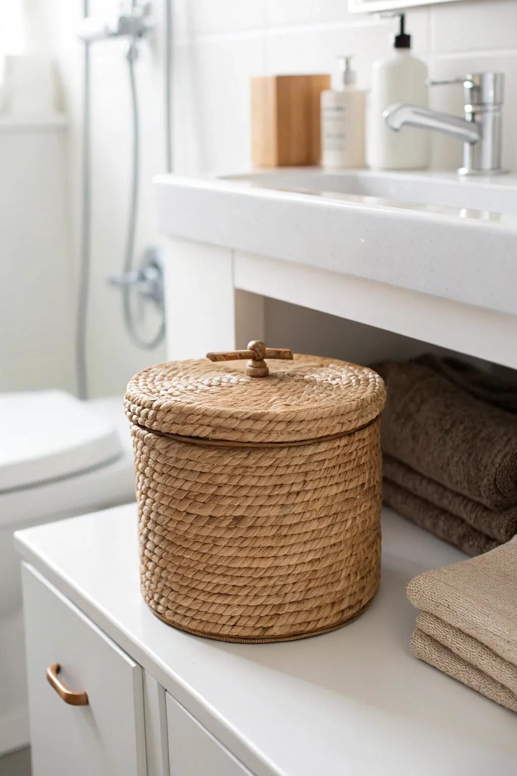 A lidded under-sink bin that turns bathroom chaos into calm, organized categories.