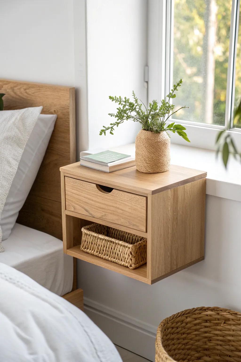 Floating shelf nightstand + a tiny woven basket: stylish bedside storage for small rooms.