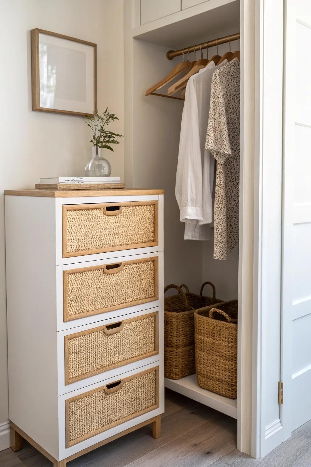 A slim drawer unit tucked into the closet keeps tees and socks tidy without a bulky dresser.