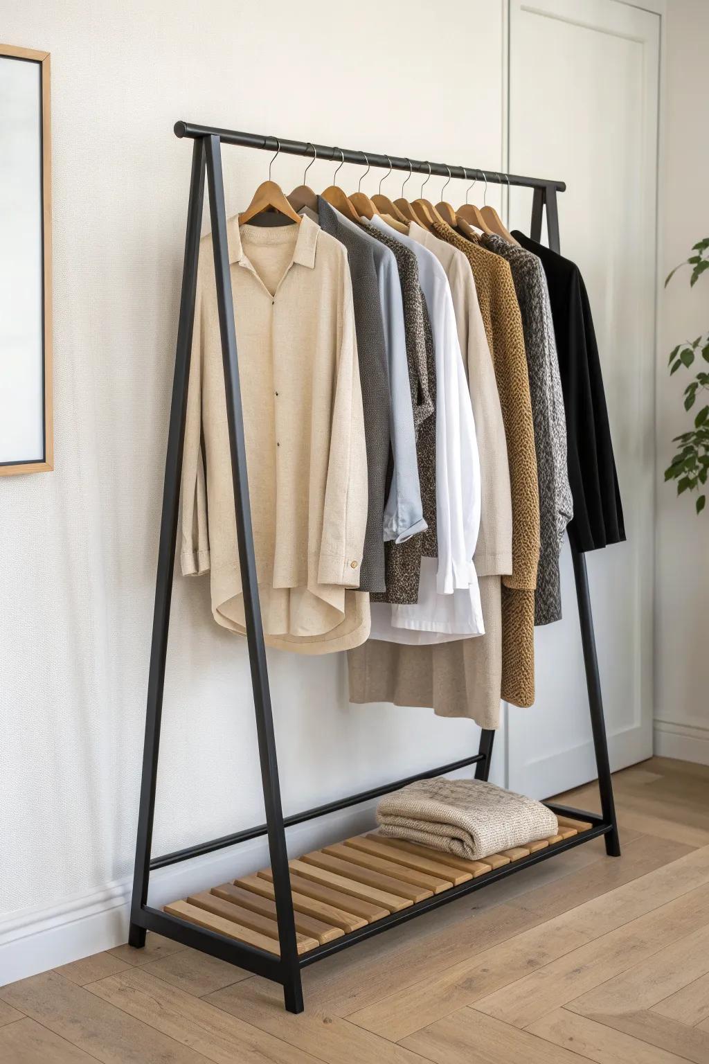 An open garment rack can look intentional—keep it color-edited with matching hangers.