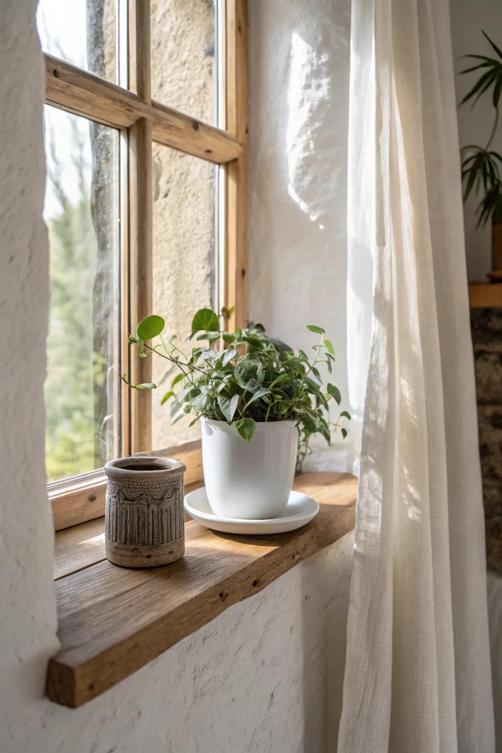 Turn a tiny basement window into a charming nook with a sheer curtain and slim plant shelf.