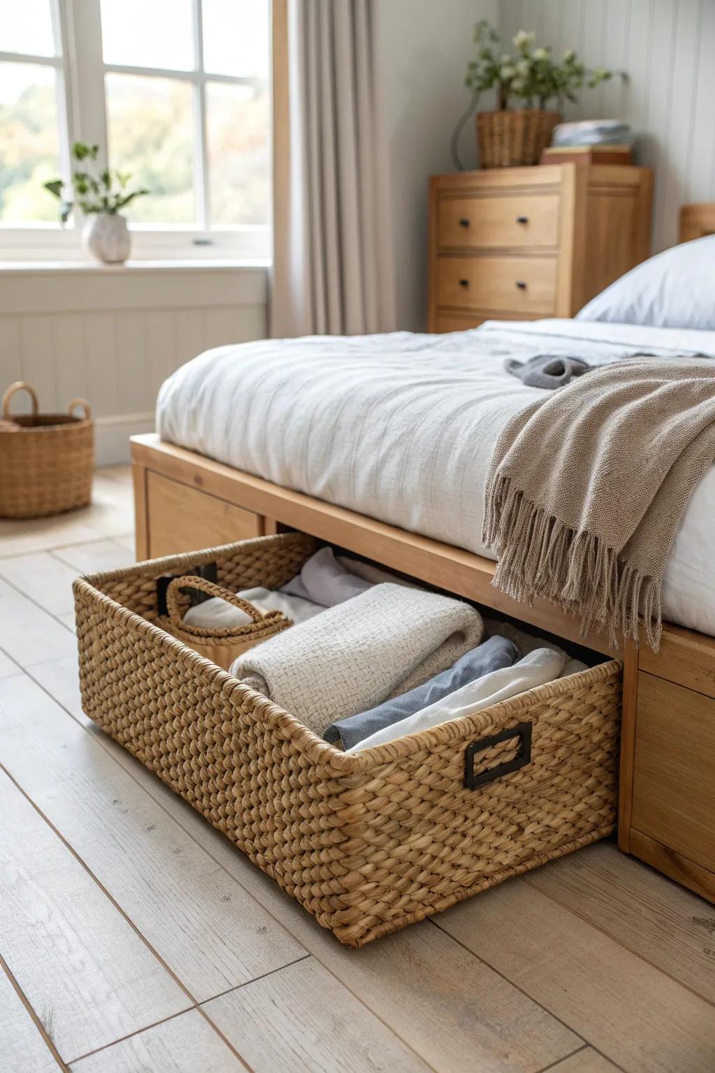 Use a woven under-bed bin to tuck away linens and off-season clothes—instant calm studio vibes.