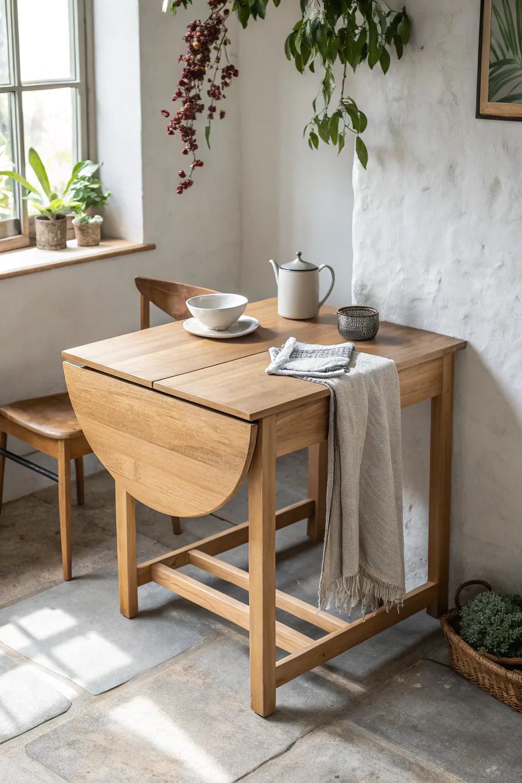 A drop-leaf table adds prep space and a cozy dining spot—then folds away in seconds.