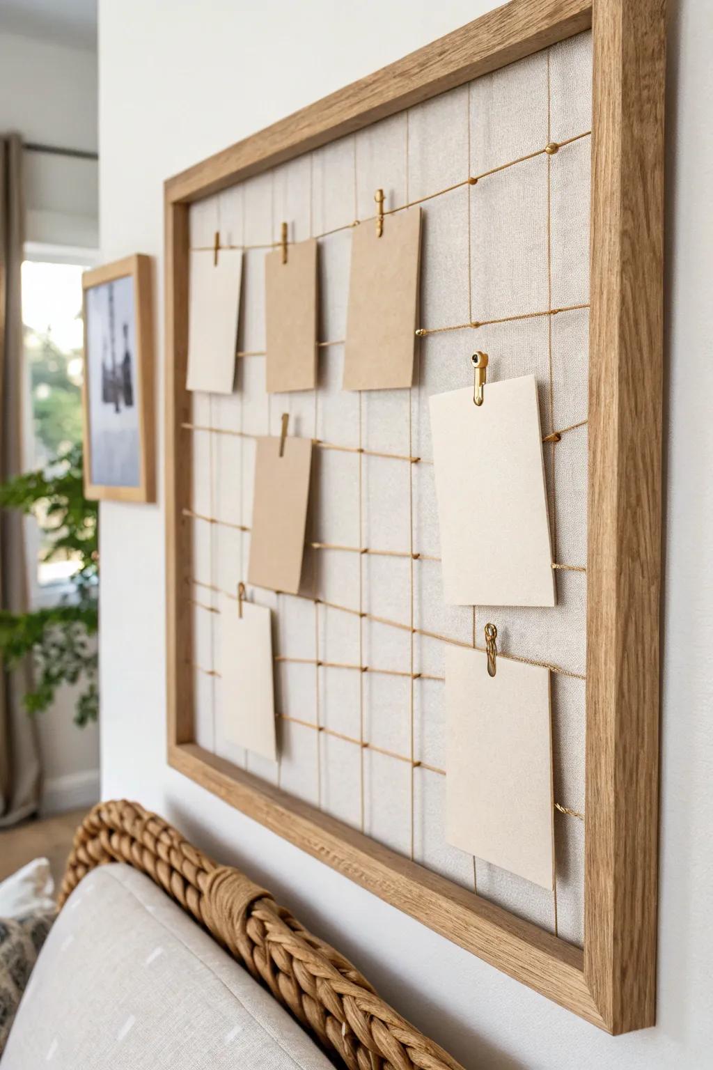 Turn a memo board into art: linen, oak, and brass pins keep study notes beautifully curated.