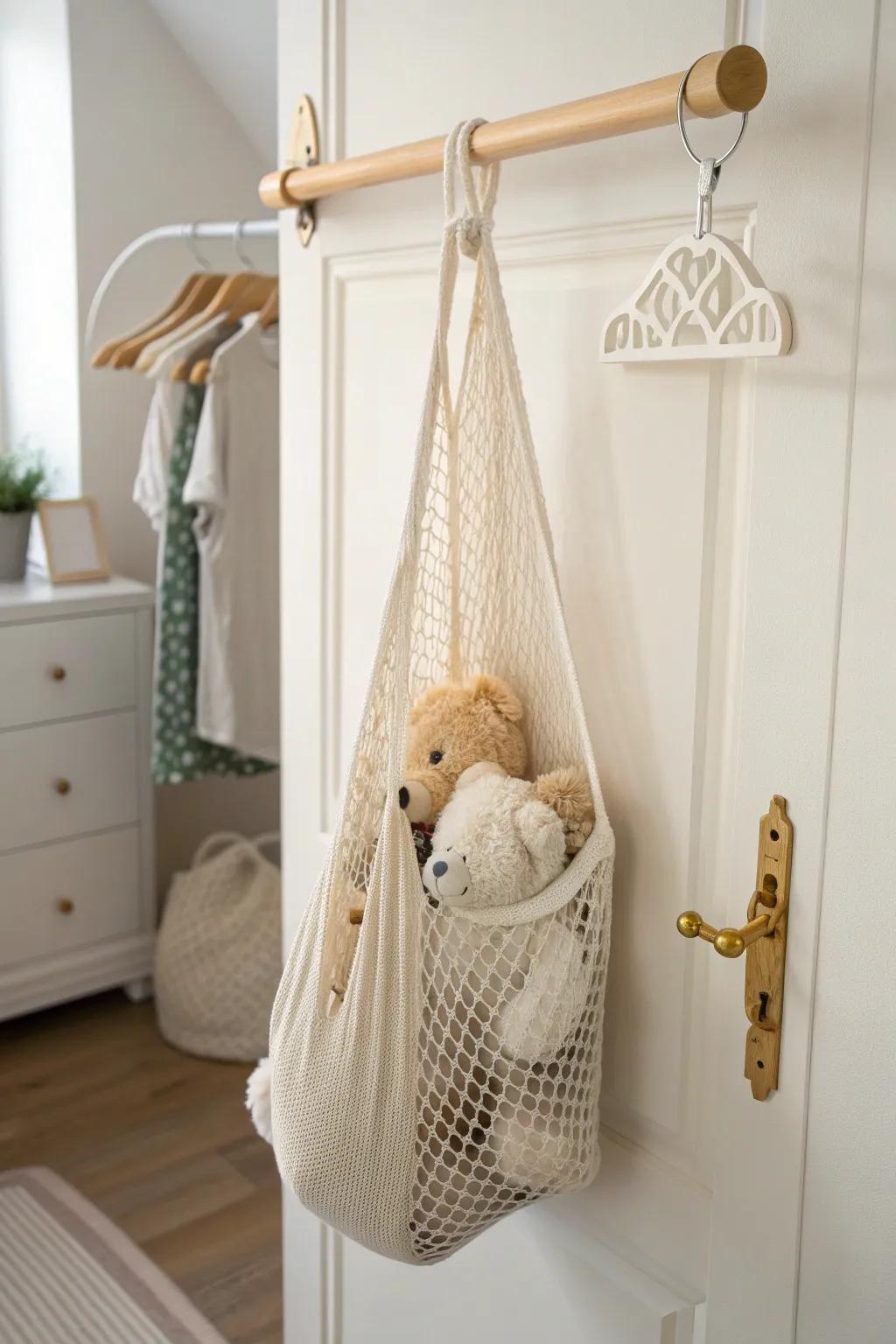 Airy mesh sacks on a closet rod keep stuffed animals visible, tidy, and beautifully organized.