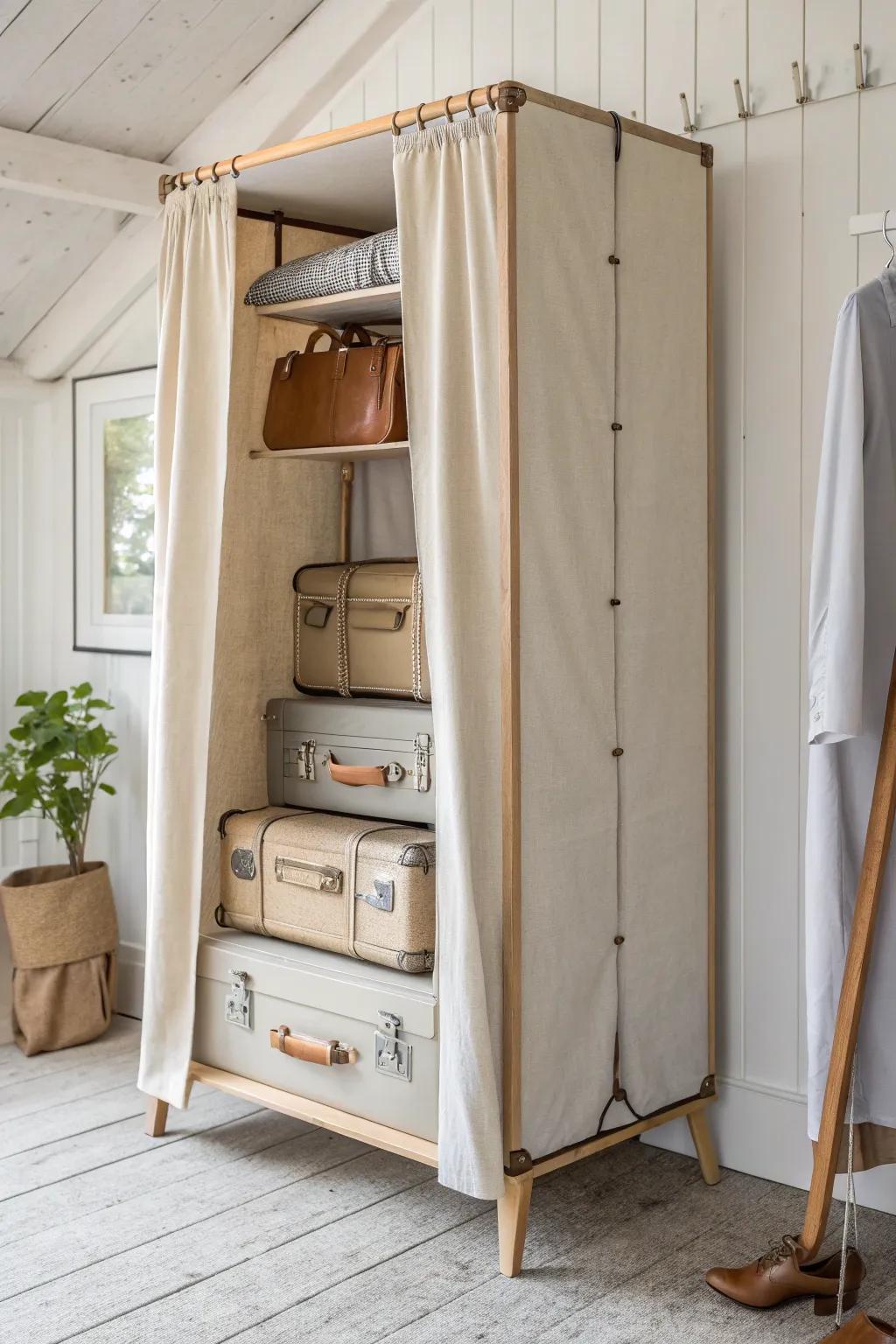 A covered freestanding wardrobe keeps suitcases dust-free and beautifully hidden in plain sight.