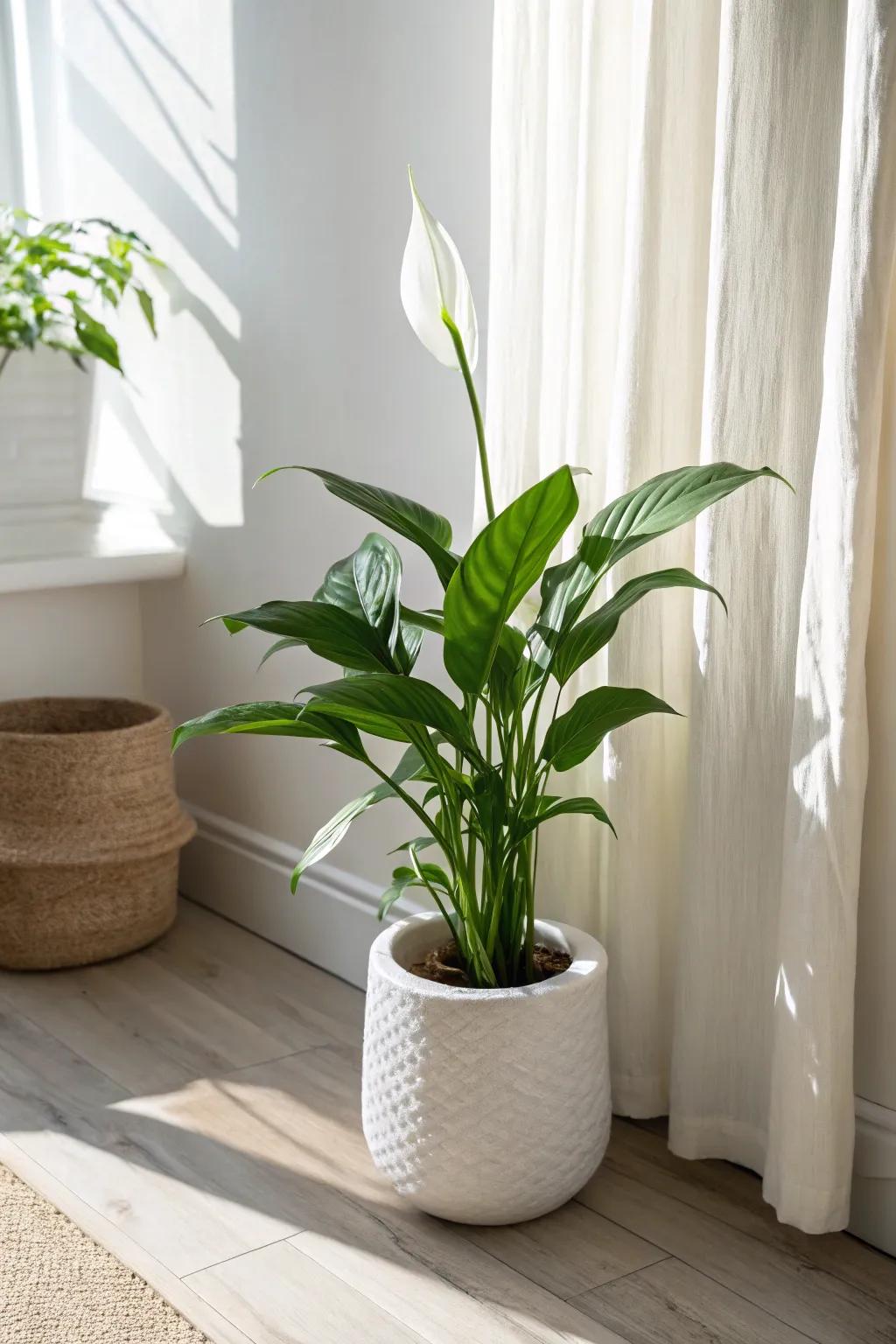 Peace lilies thrive in shadier sunroom corners, adding calm greenery and soft light.